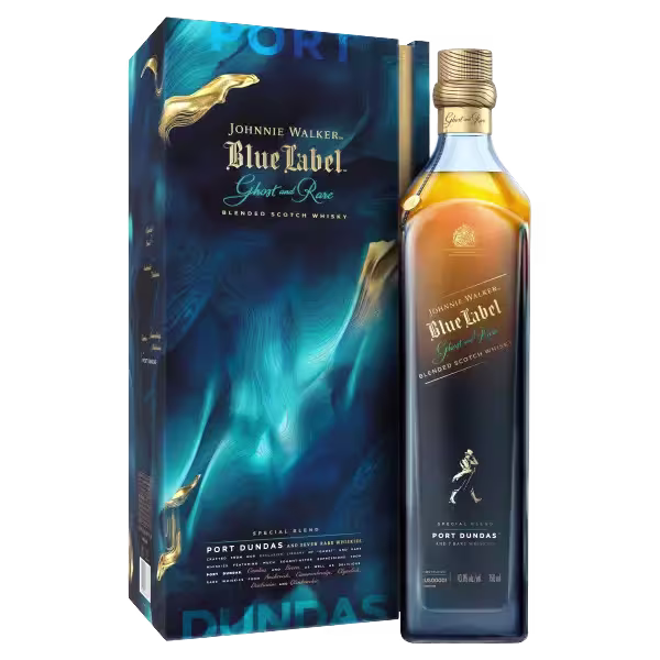 Johnnie Walker Blue Label Ghost and Rare Port Dundas whisky bottle and its matching blue and gold box are displayed side by side.