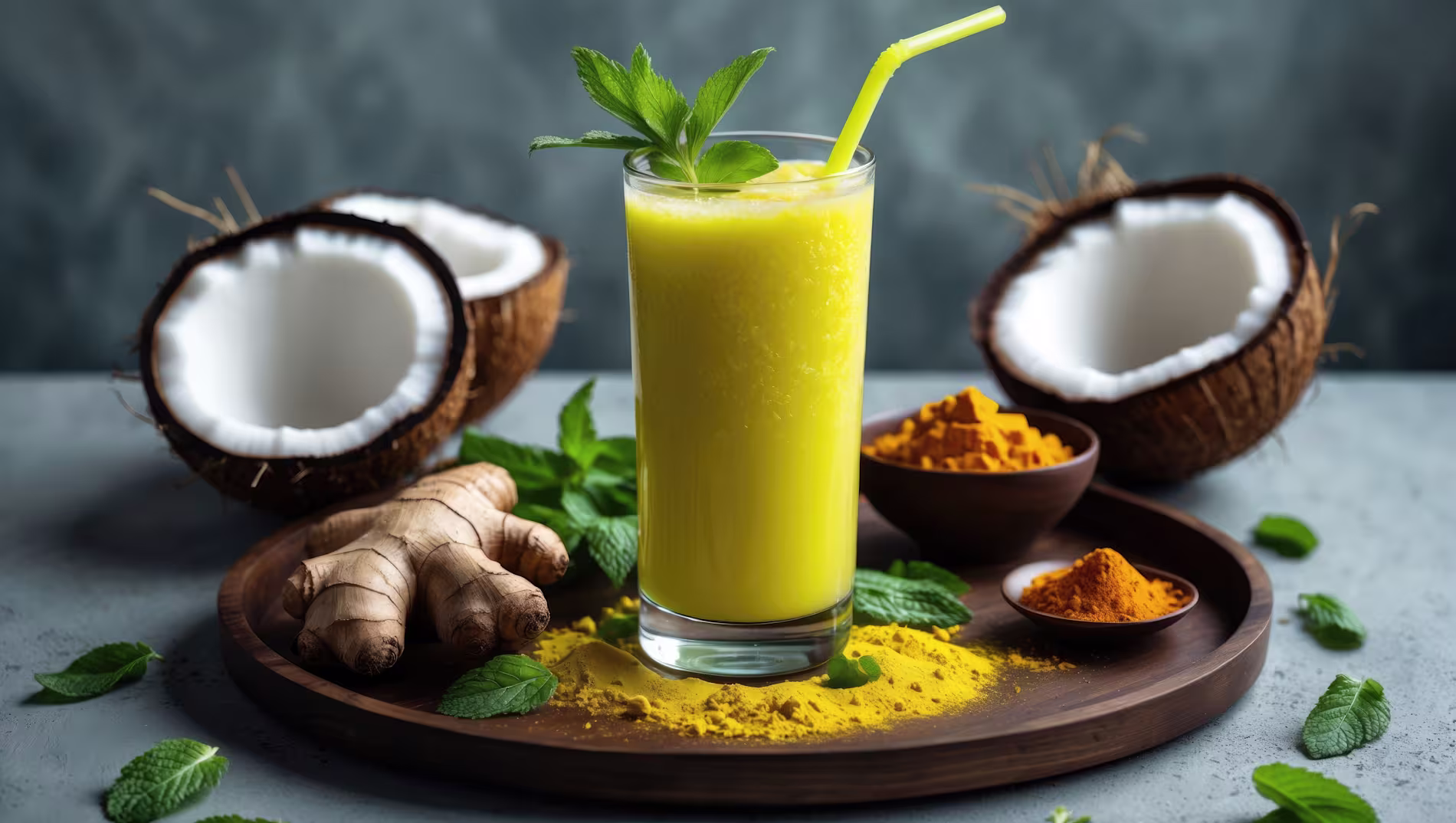 A glass of yellow smoothie with a straw and mint garnish, surrounded by coconut halves, ginger root, turmeric powder, and mint leaves on a wooden tray.