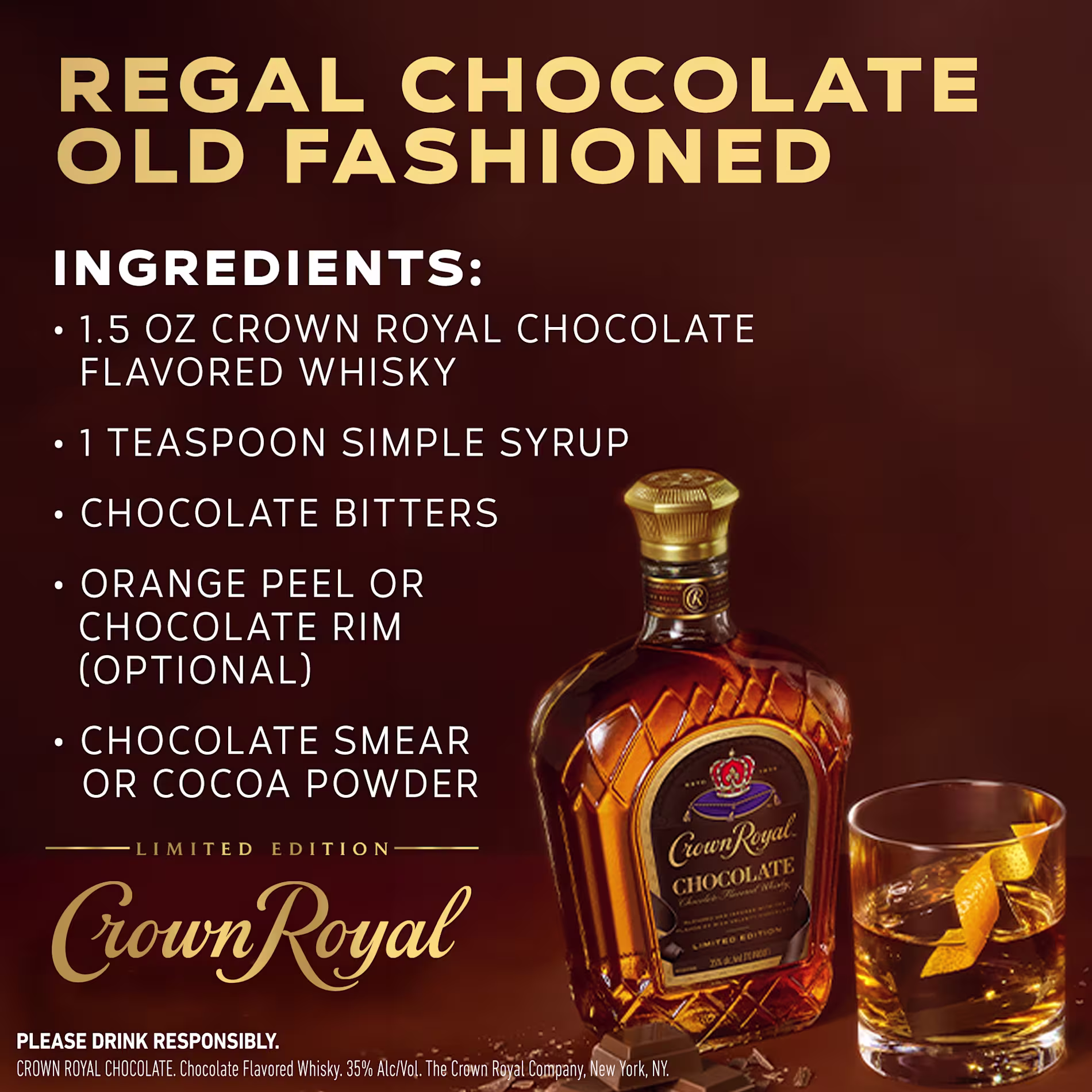 Crown Royal Chocolate Old Fashioned recipe with ingredients listed beside a bottle of Crown Royal Chocolate and a glass of the cocktail on a brown background.