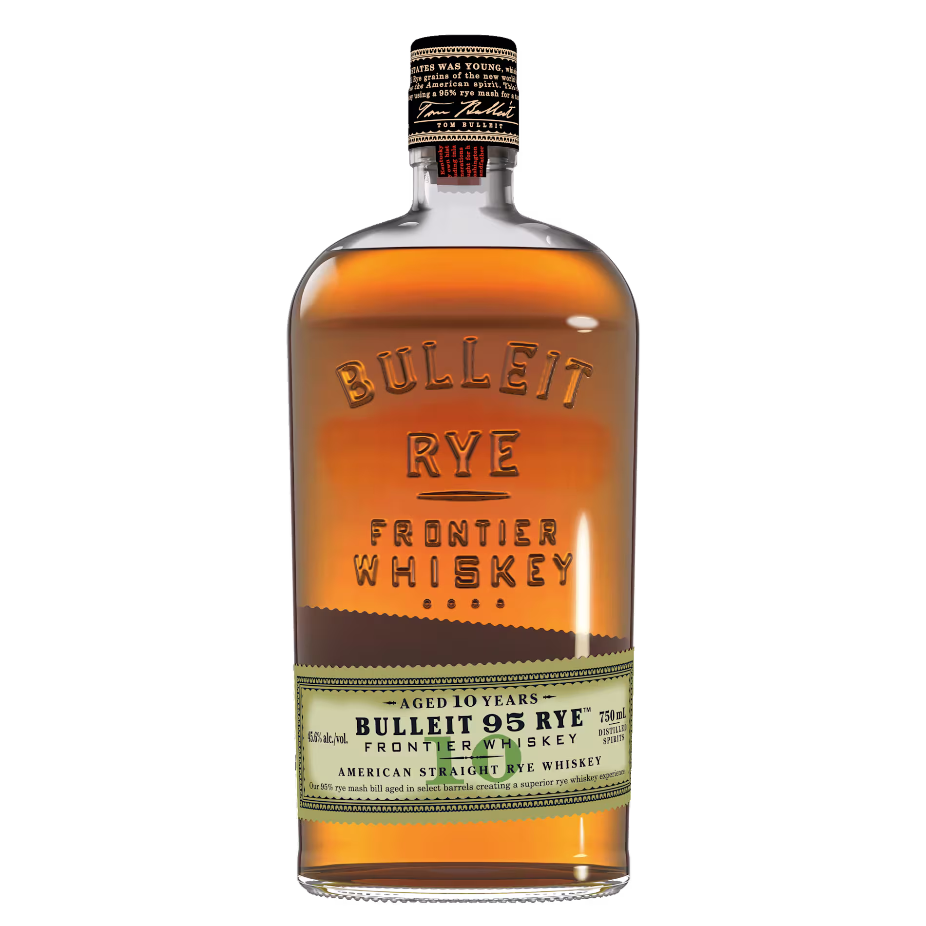 A bottle of Bulleit Rye Frontier Whiskey, aged 10 years, with amber liquid and embossed lettering on a clear glass bottle.