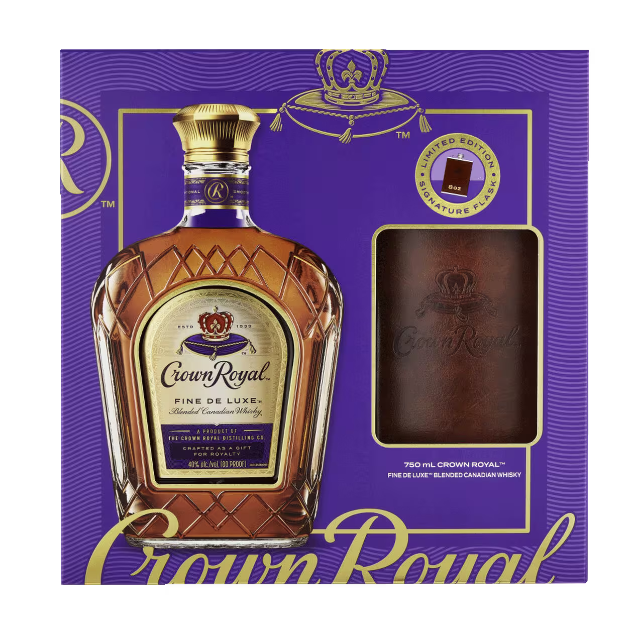Crown Royal Fine De Luxe Canadian Whisky 750ml gift set in purple packaging, featuring a bottle and a branded brown leather flask.