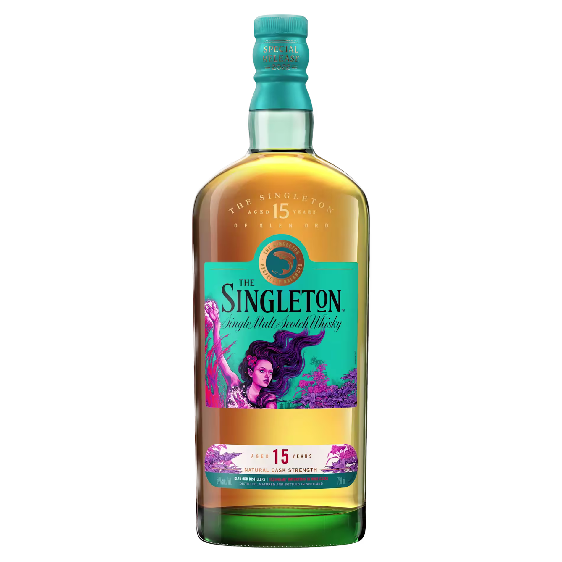 A bottle of The Singleton 15-year-old single malt Scotch whisky with a teal and purple label featuring an illustrated woman and ocean waves.