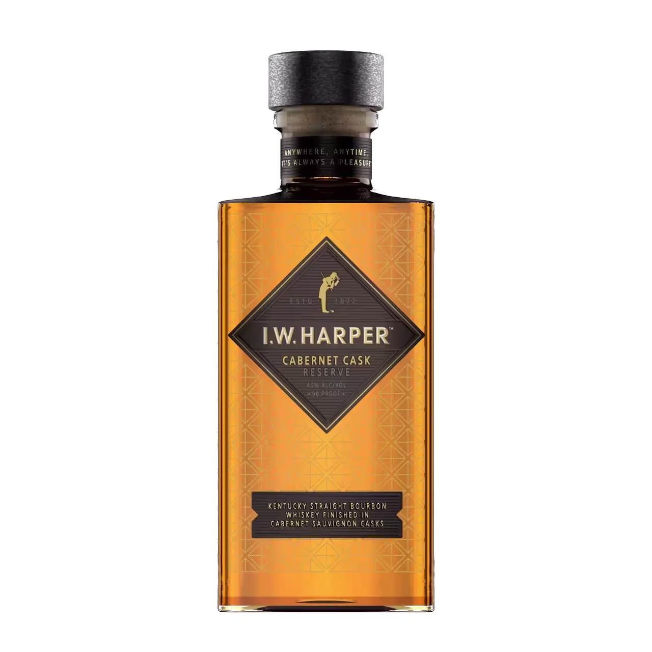 A bottle of I.W. Harper Cabernet Cask Reserve bourbon with a black and gold label, set against a black background.