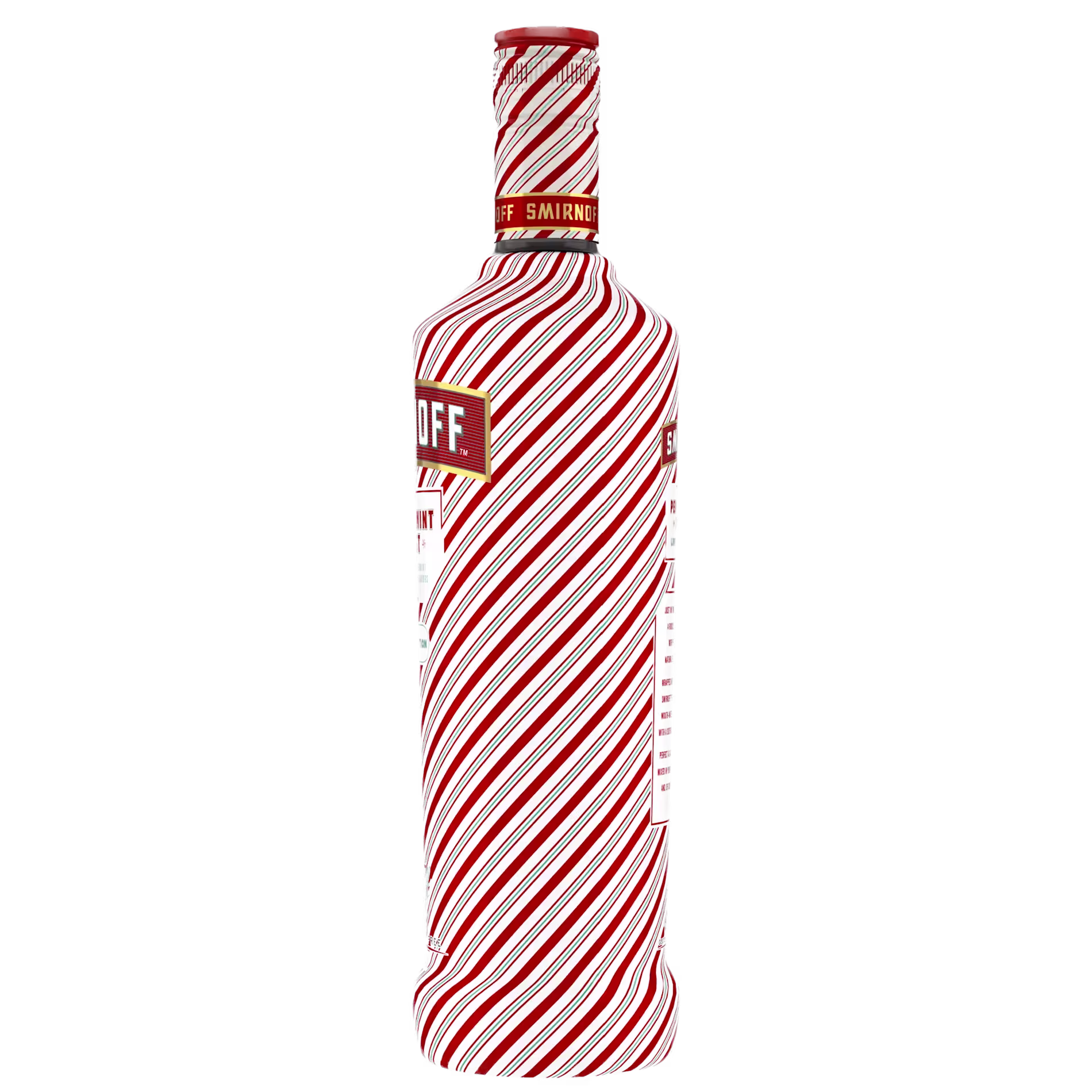 A bottle wrapped in a red and white diagonal striped design with a visible Smirnoff label near the top.