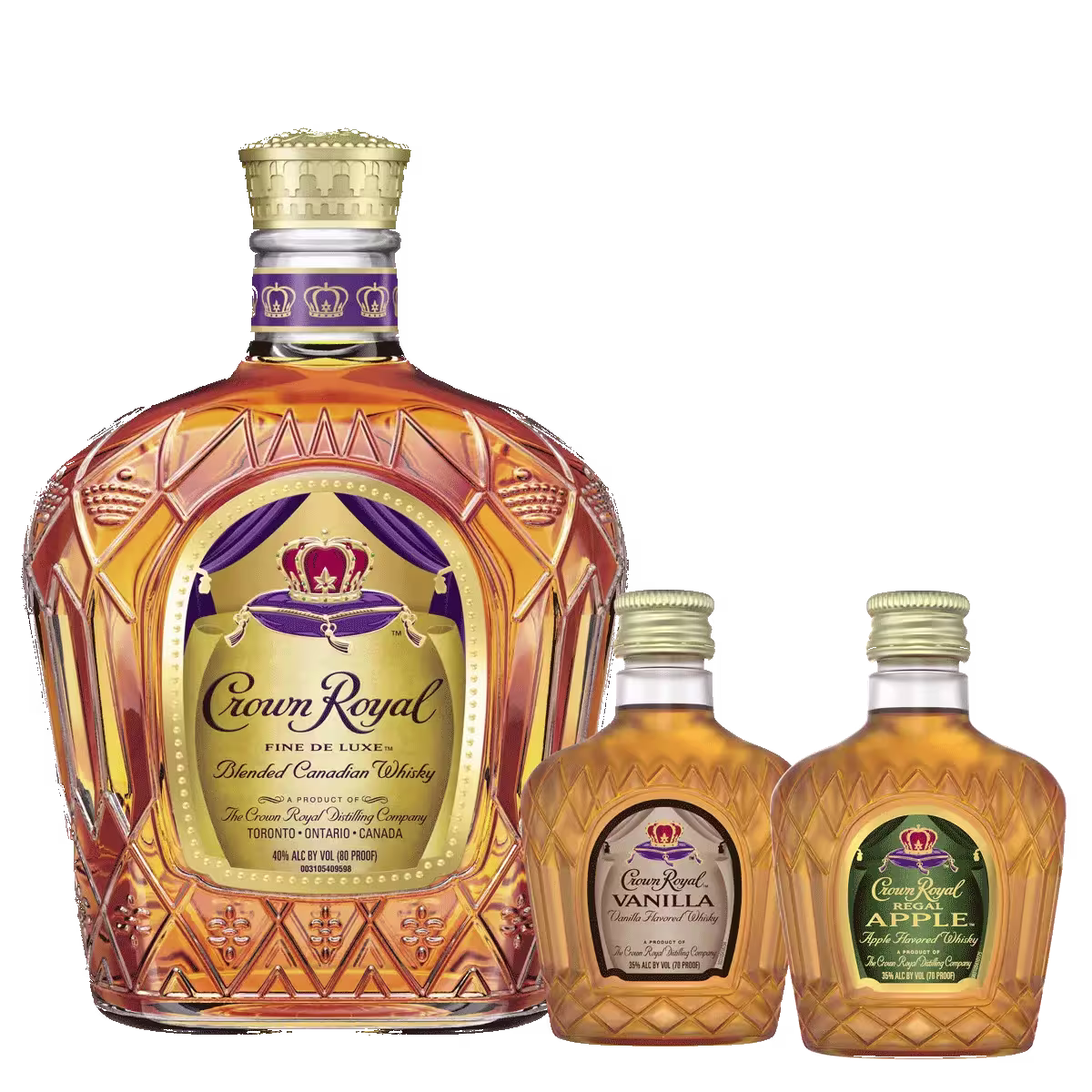 A large bottle of Crown Royal Canadian whisky next to two smaller bottles labeled Crown Royal Vanilla and Crown Royal Apple.