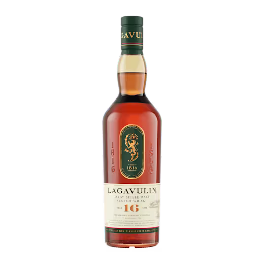 A bottle of Lagavulin 16 Year Old Single Malt Scotch Whisky with a cream label and red foil seal.