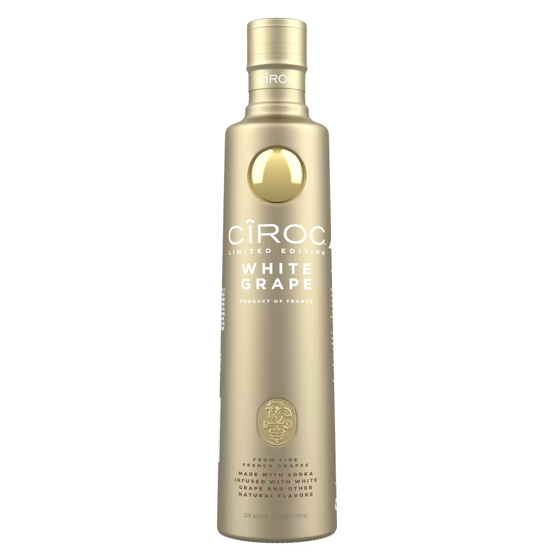 A gold bottle of Ciroc Limited Edition White Grape vodka, featuring white and gold text and branding on the front label.