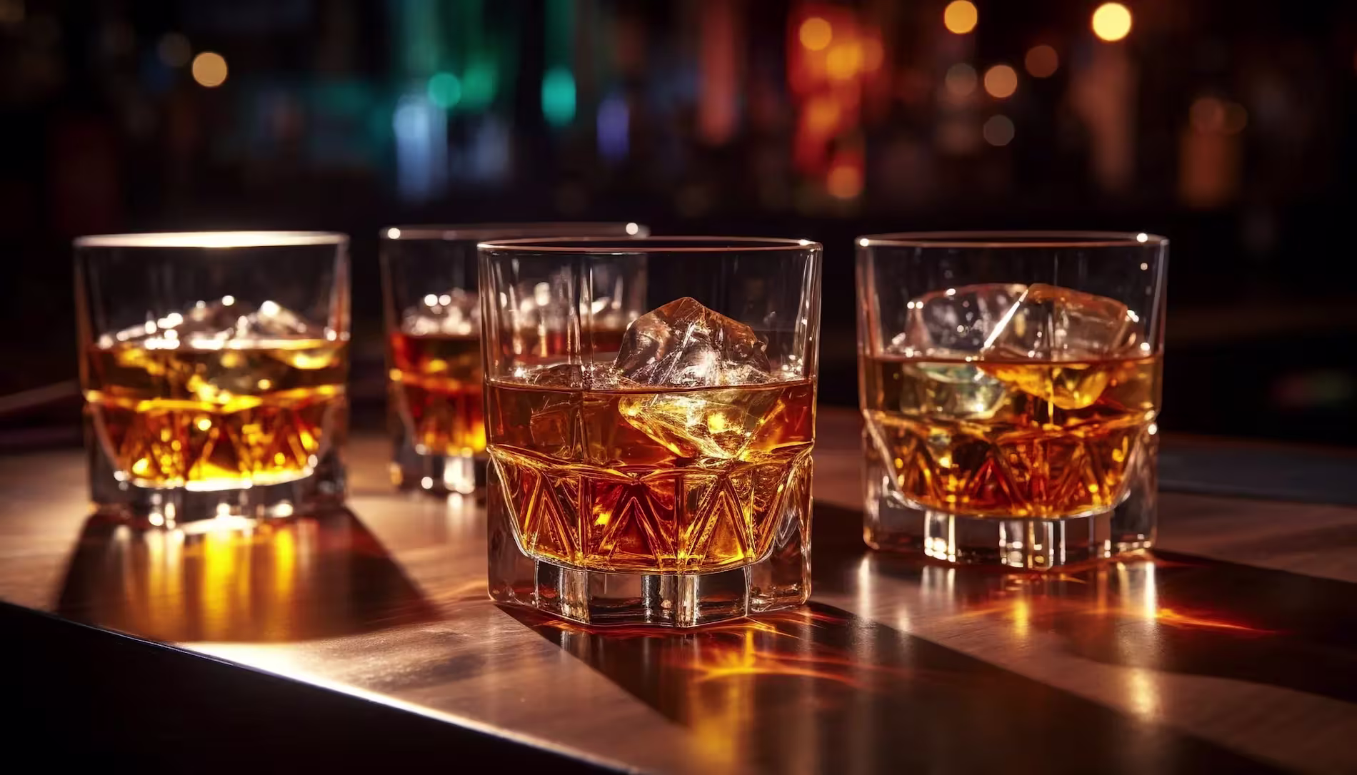 Whiskey glasses with ice on bar counter