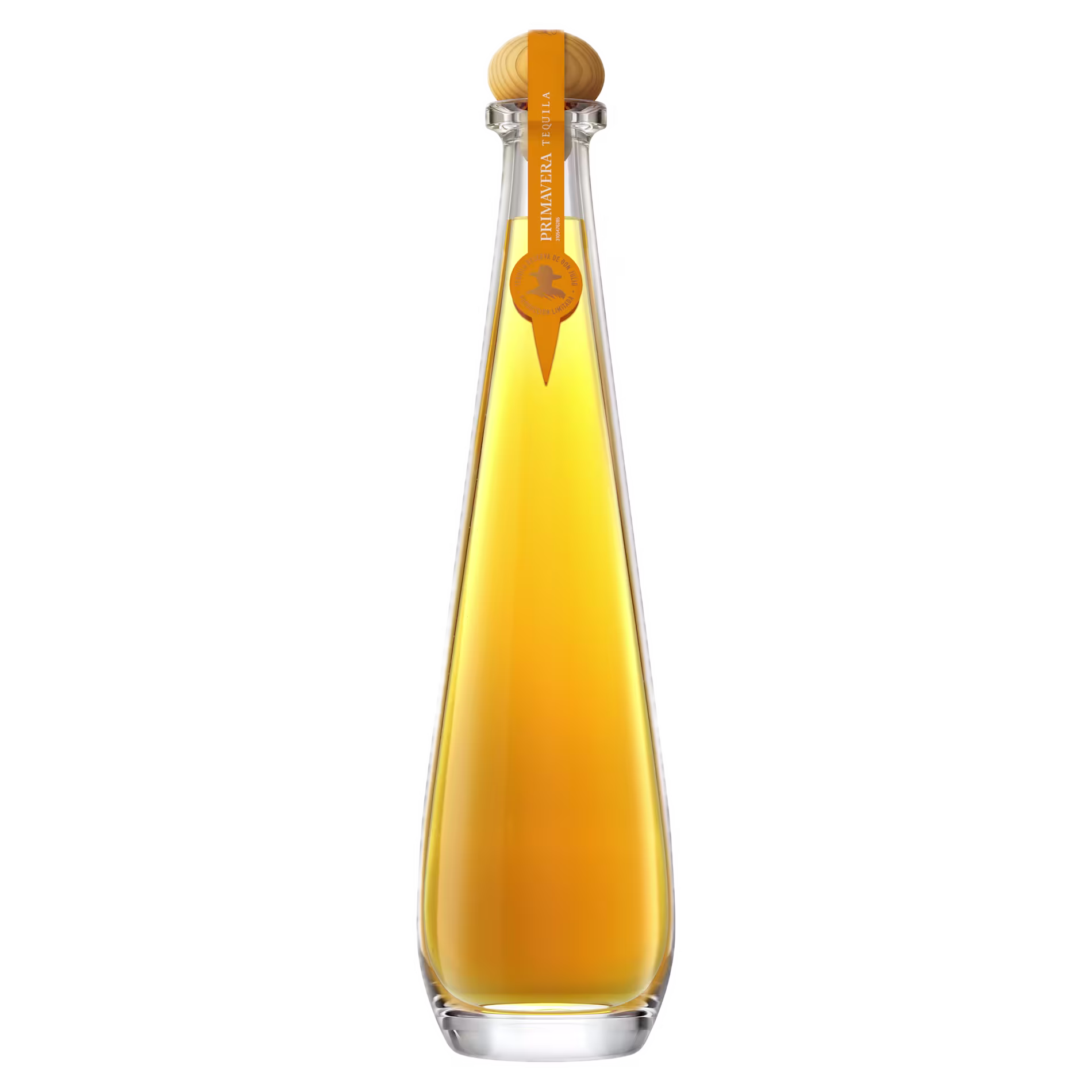 A tall, clear glass bottle with a round wooden cap, filled with golden amber liquid, featuring an orange vertical label on the neck.