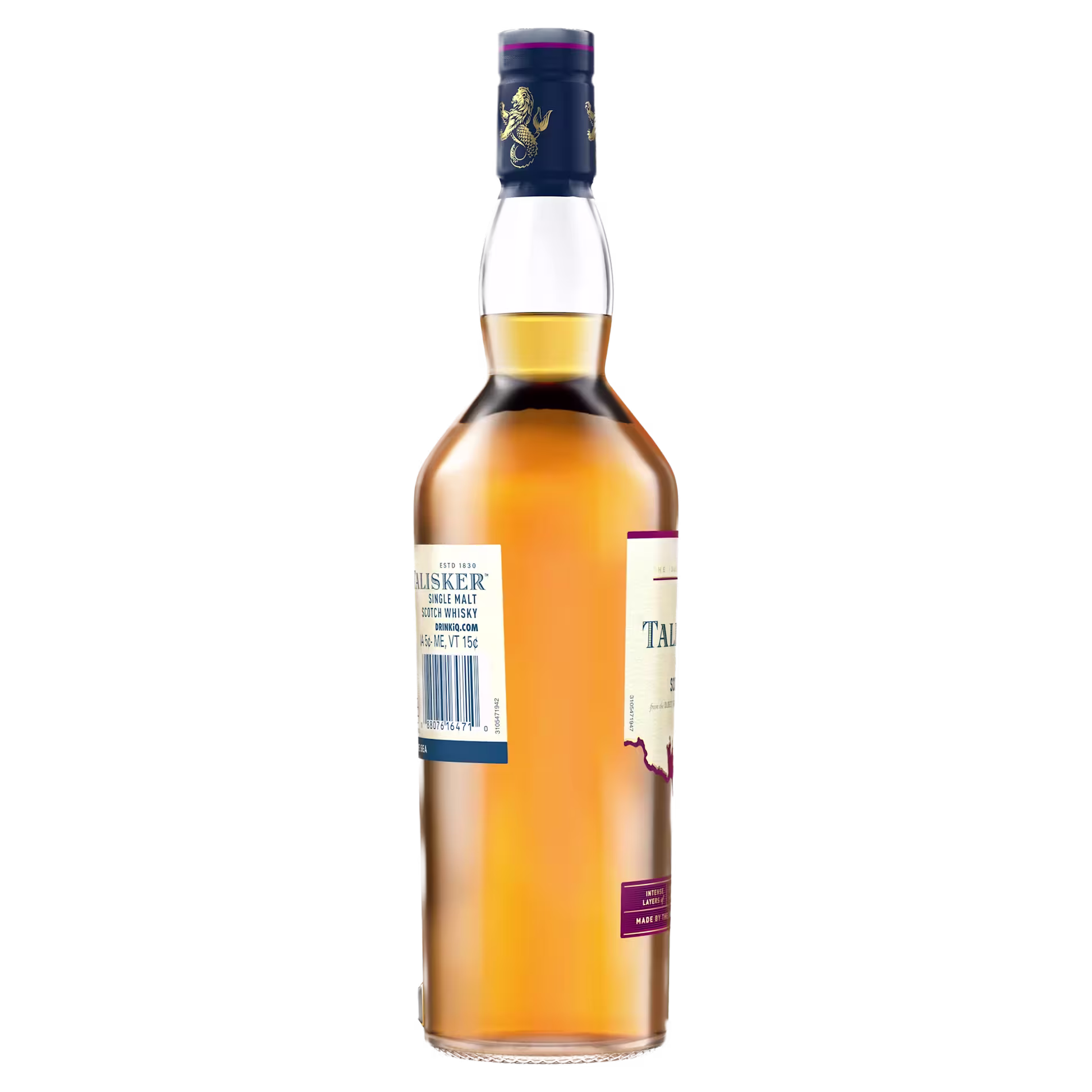 A single bottle of Talisker Scotch whisky shown from an angled side view, with visible label and barcode on one side and a blue cap.