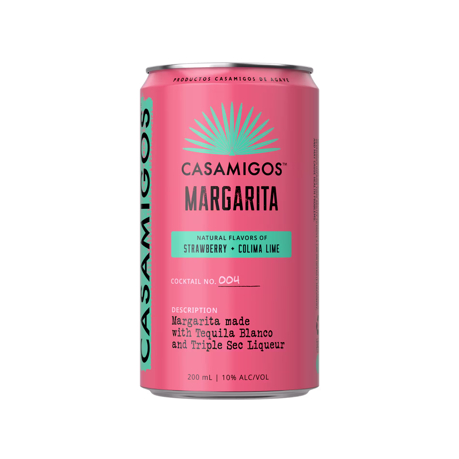 A pink can of Casamigos Margarita featuring natural flavors of strawberry and Colima lime, with tequila blanco and triple sec liqueur, 200ml, 10% alcohol.