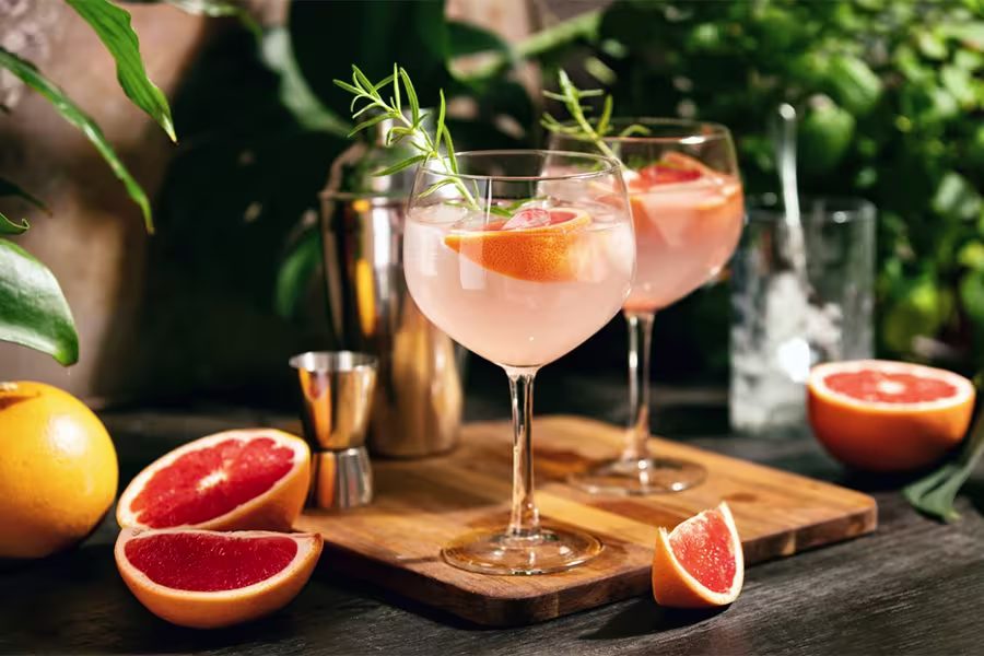 Two gin and tonic cocktails garnished with grapefruit slices and rosemary sit on a wooden board, surrounded by fresh grapefruit, a jigger, and cocktail tools, with greenery in the background.