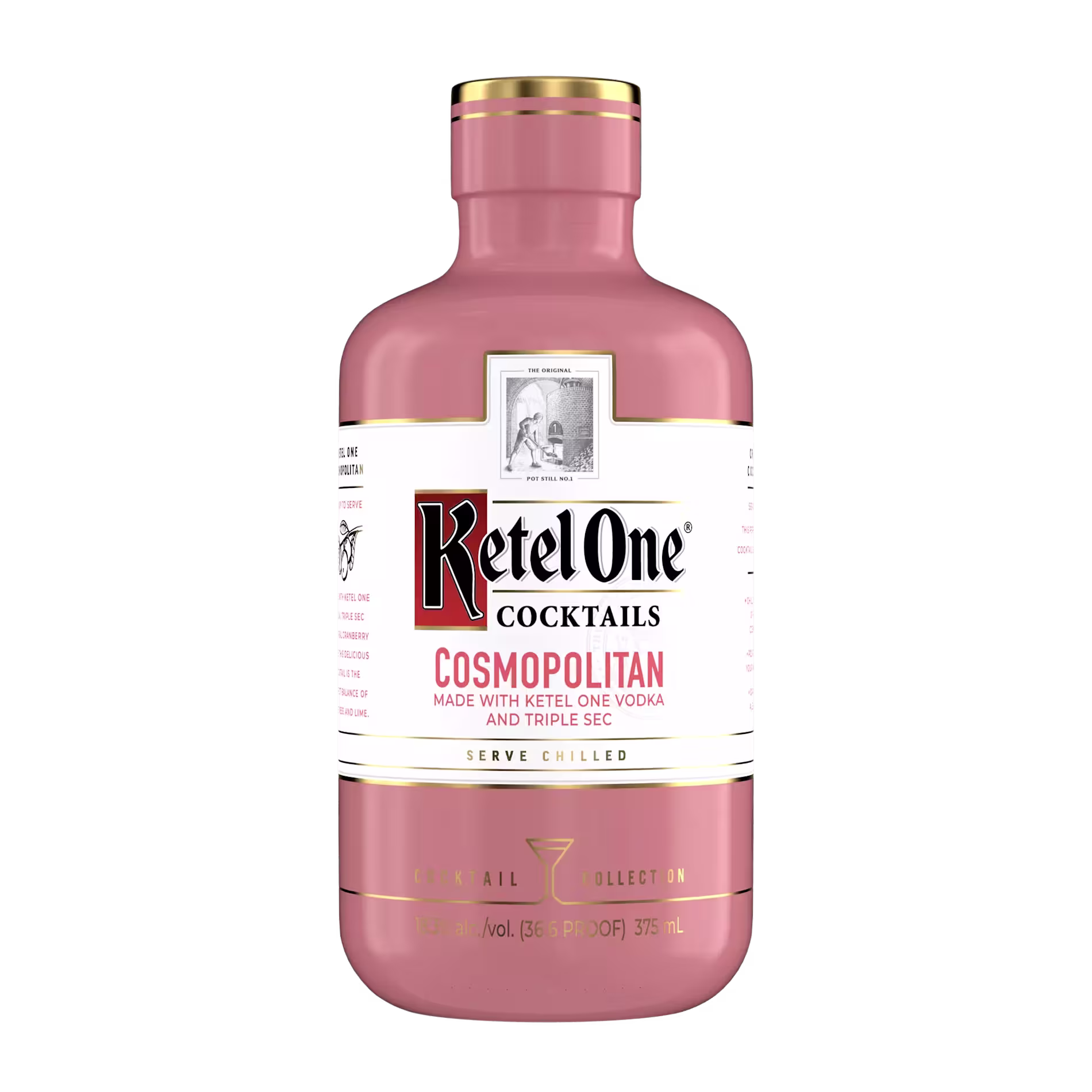 A 375ml bottle of Ketel One Cocktails Cosmopolitan, featuring a pink label and gold accents, with instructions to serve chilled.