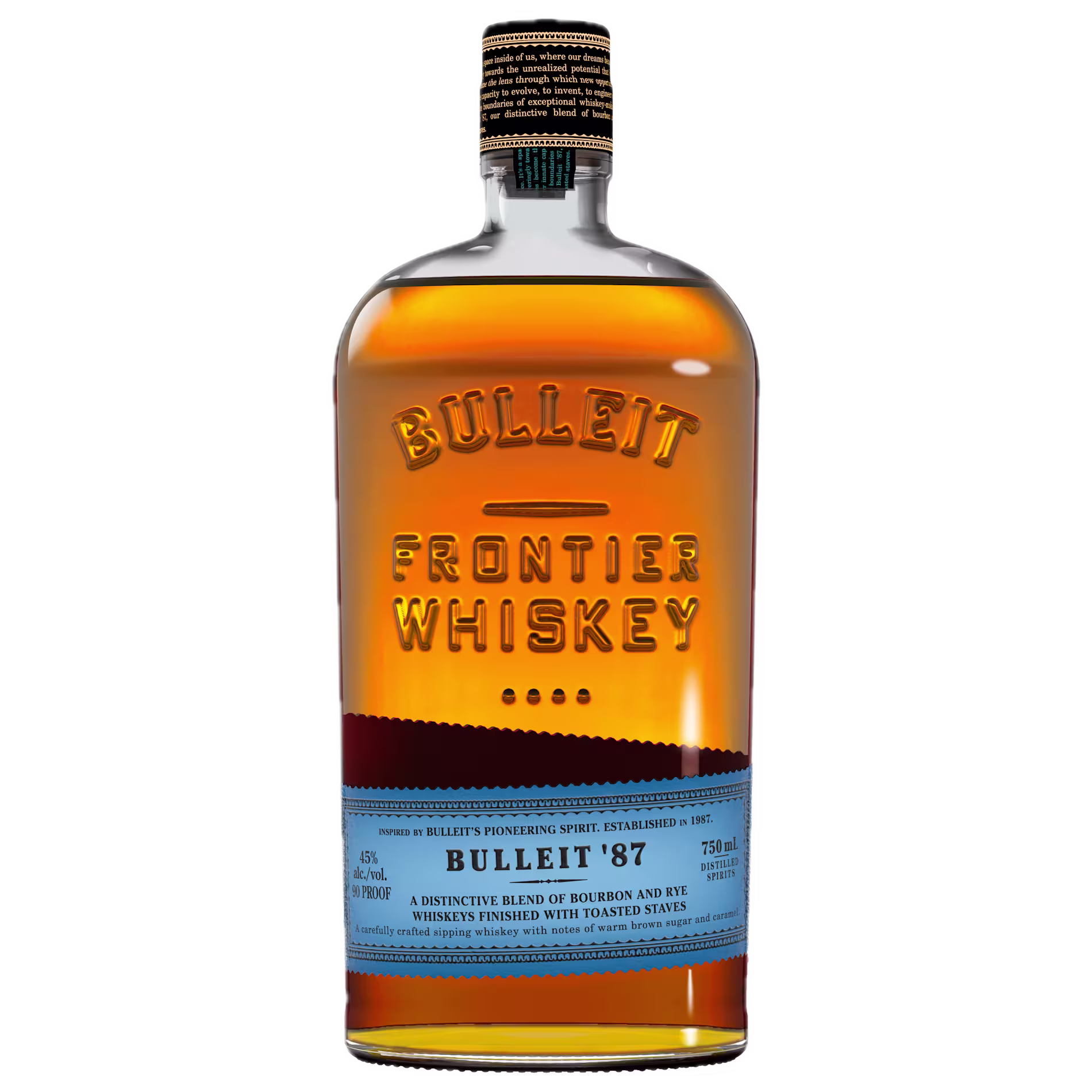 Front-facing bottle of Bulleit ’87 Frontier Whiskey. The clear glass bottle contains amber-colored whiskey and features embossed “BULLEIT FRONTIER WHISKEY” lettering on the front. A light blue label near the base reads “Bulleit ’87” and notes it is a blend of bourbon and rye whiskeys.