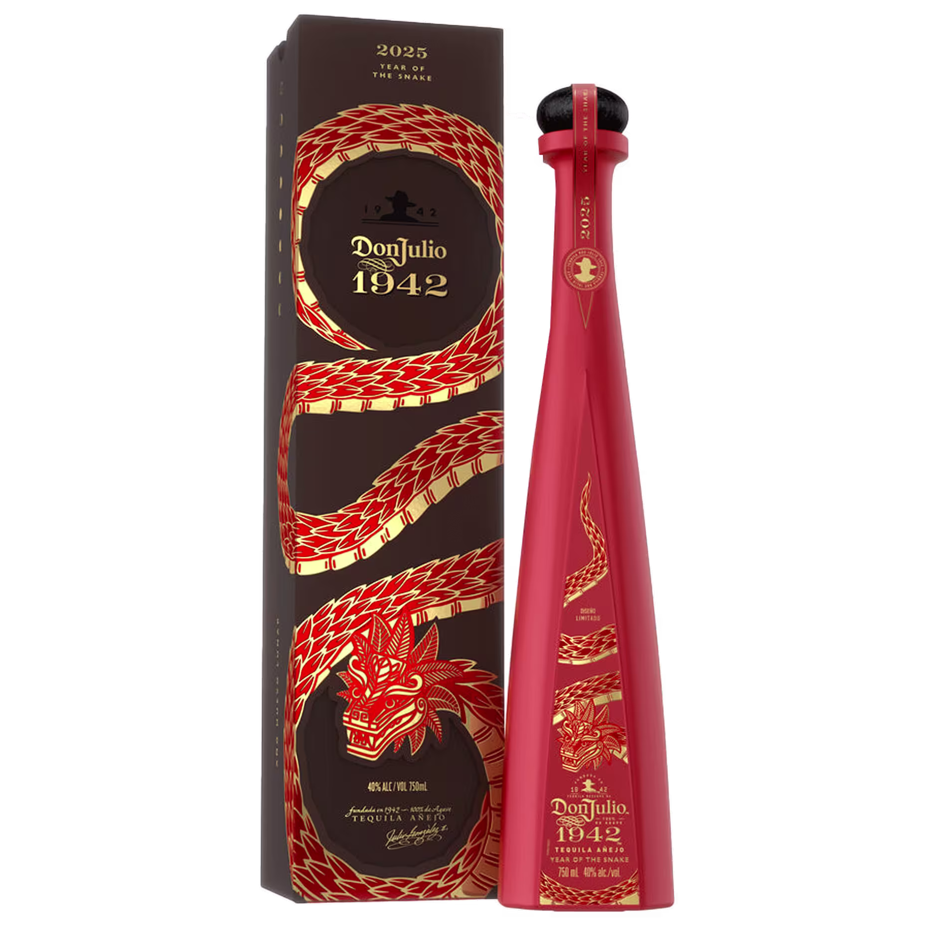 A red Don Julio 1942 tequila bottle with a gold dragon design stands beside a matching box featuring similar gold and red dragon artwork and the year 2025 at the top.