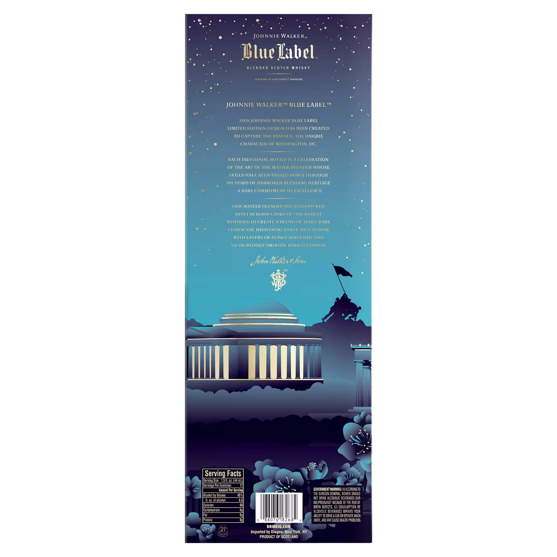 Tall rectangular blue box for Johnnie Walker Blue Label, featuring a cityscape illustration, gold stars, text description, and serving facts at the bottom.