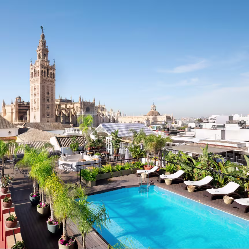 La foto muestra el espacio exterior de la terraza Pura vida sevilla con excelentes vistas a la giralda. Se muestran varias mesas tanto altas como bajas, tumbonas. El protafonismo de esta imagen se lo lleva la imperionante piscina de la terraza,