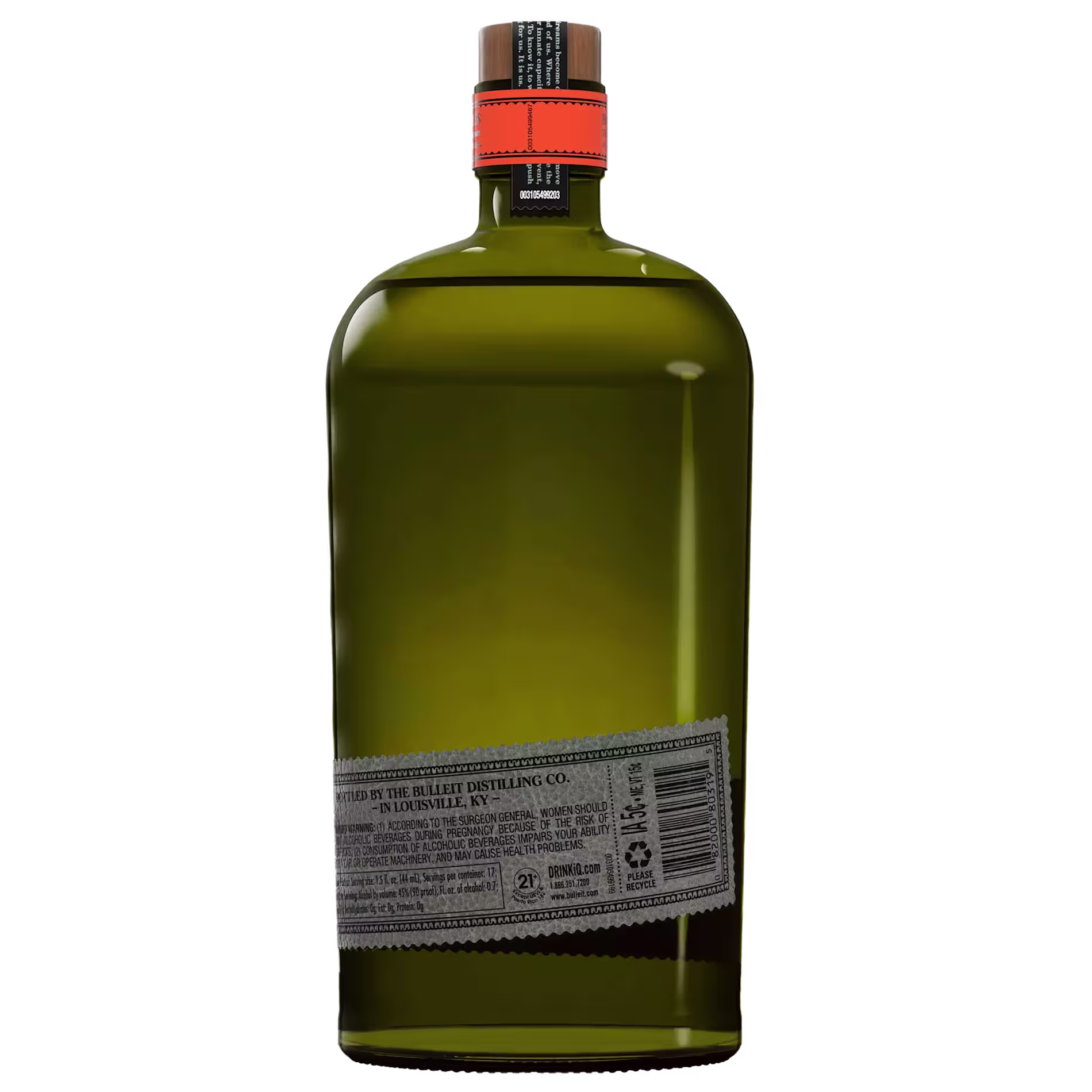 A green glass bottle with a brown cap and an orange seal, shown from the back with a slanted label featuring text and barcodes.