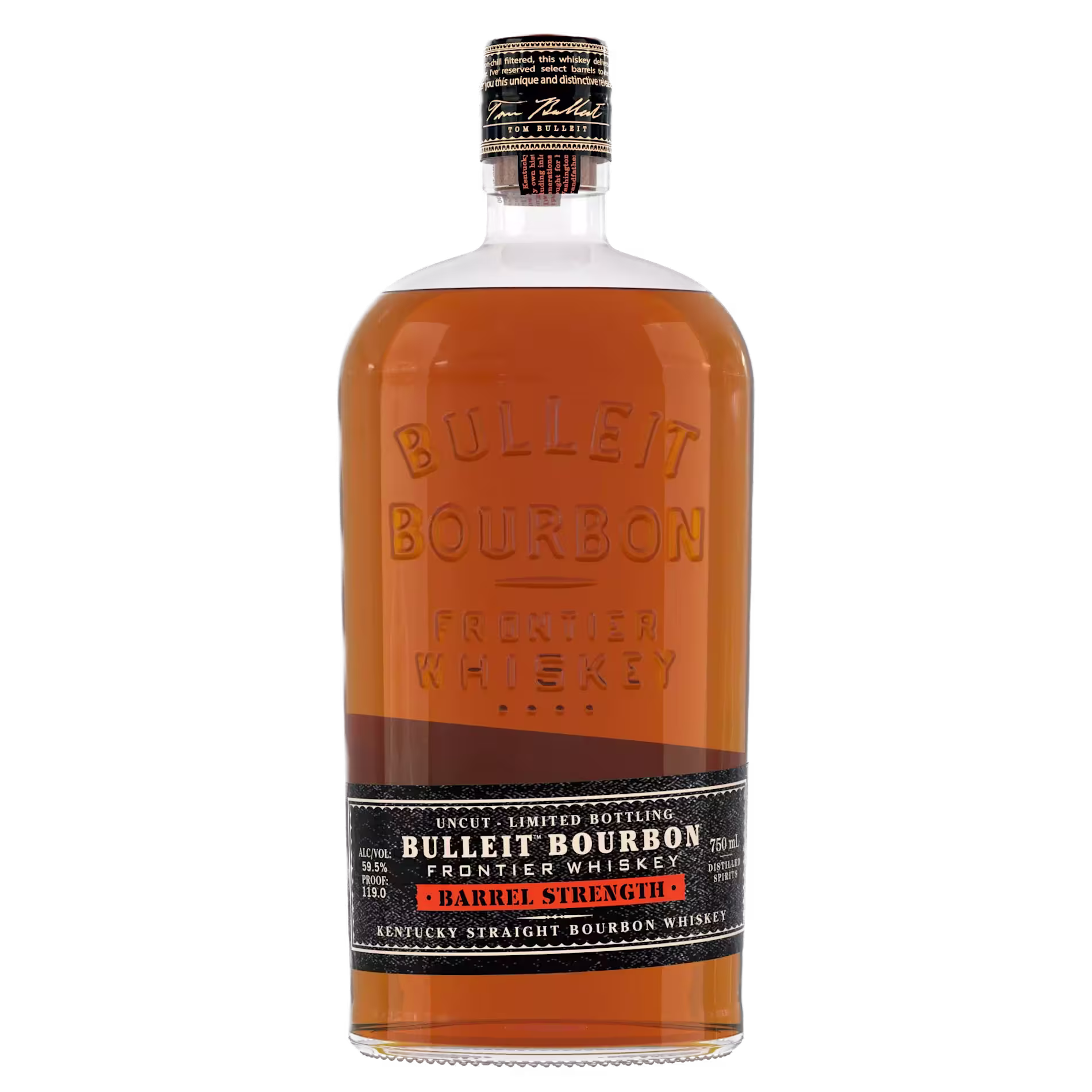 A bottle of Bulleit Bourbon Frontier Whiskey Barrel Strength, featuring embossed glass and a black label detailing its limited bottling and high proof.