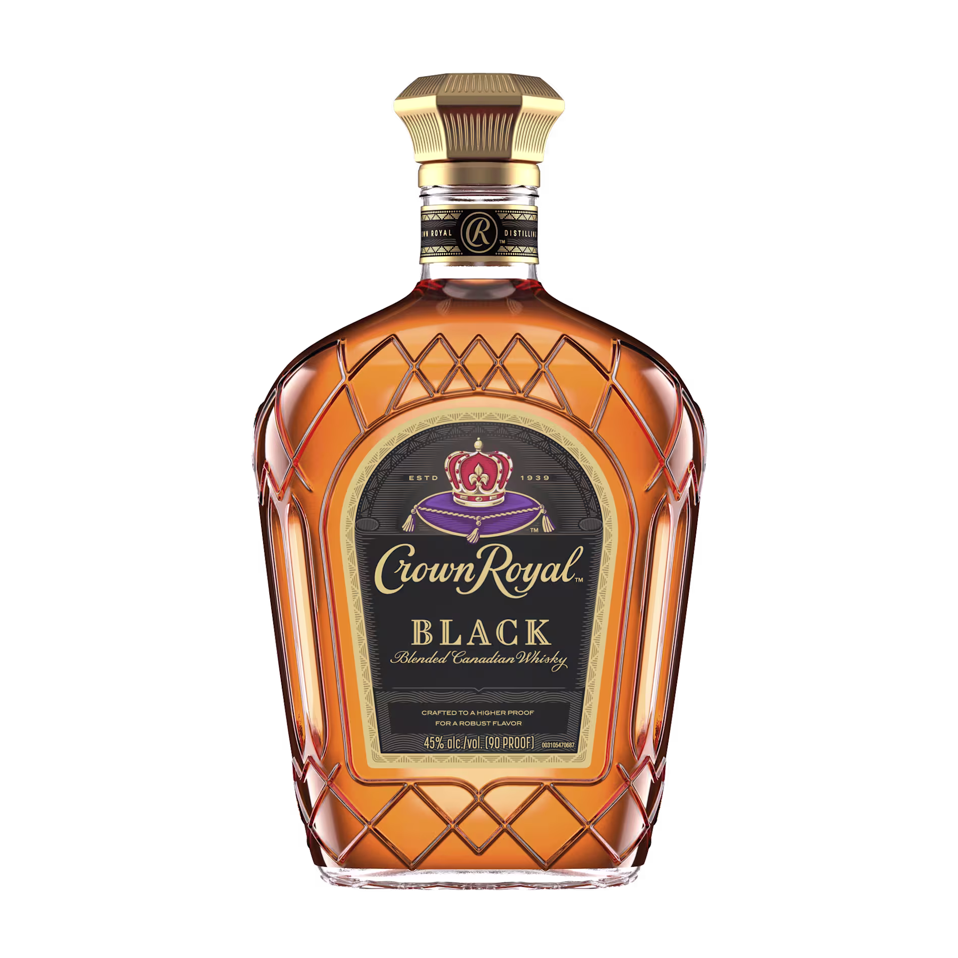 A bottle of Crown Royal Black Blended Canadian Whisky with a gold cap and a black label, showing 45% alcohol by volume.