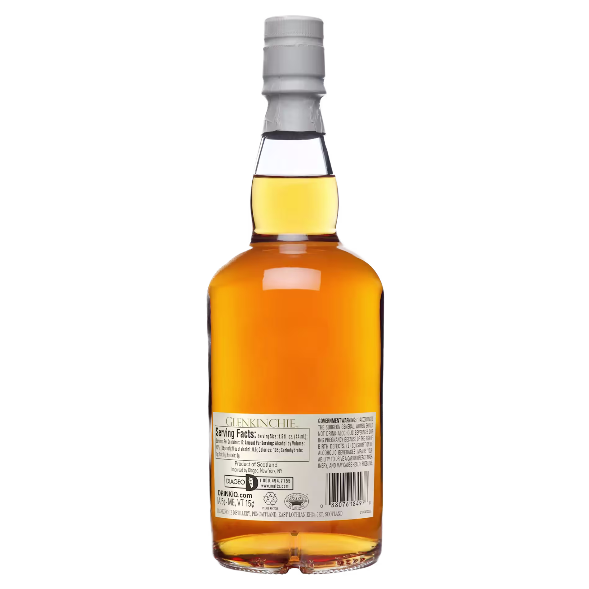 A bottle of Glenkinchie whisky shown from the back, displaying the label with product details and a silver cap.