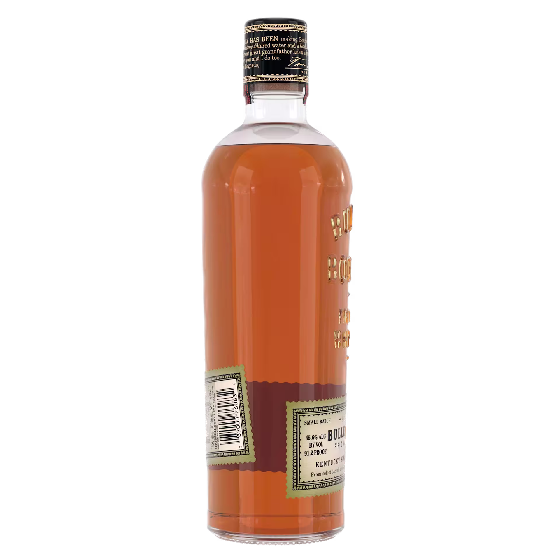 A bottle of Bulleit Bourbon whiskey shown from the side, featuring a brown label and a visible barcode.