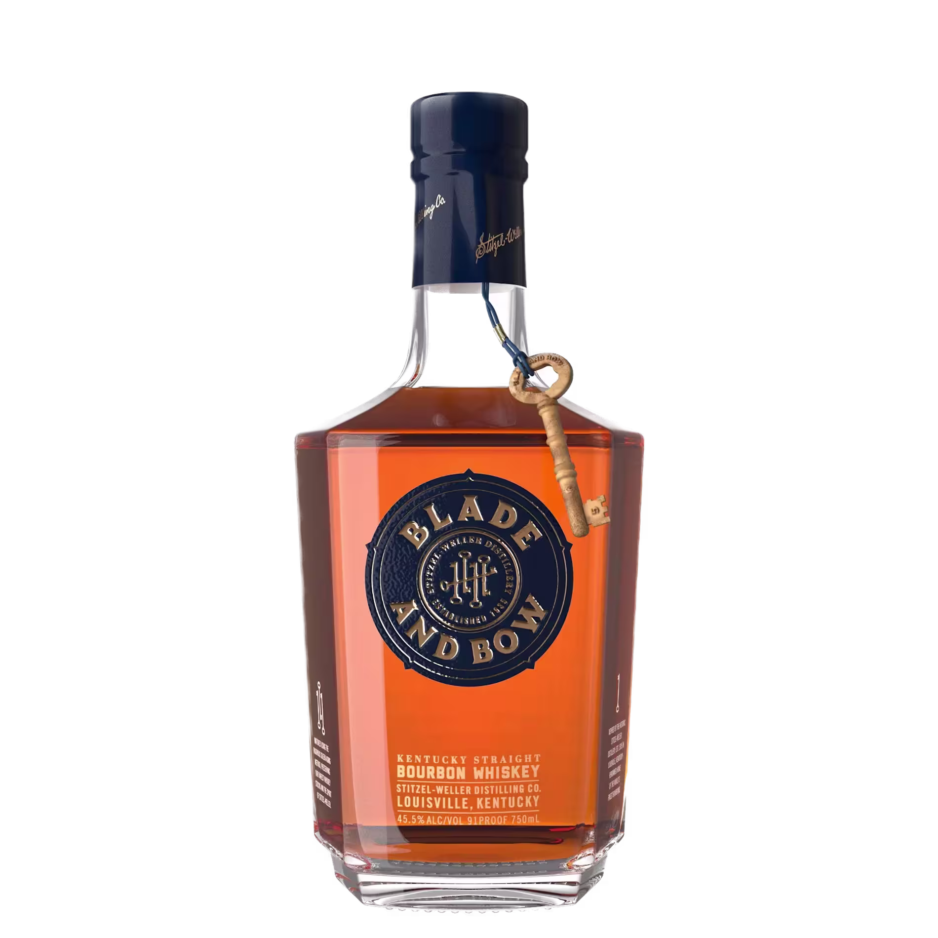 A bottle of Blade and Bow Kentucky Straight Bourbon Whiskey with a blue label and a gold key tied around the neck.