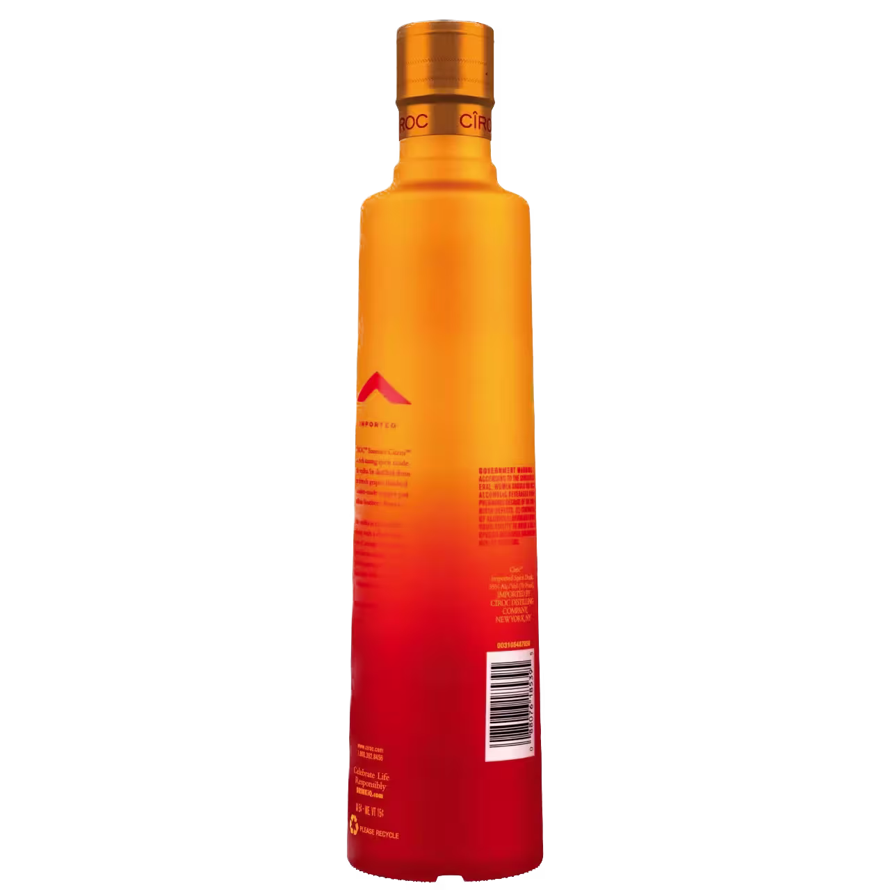A gradient orange and red bottle with a gold cap, shown from the back displaying product information and a barcode.