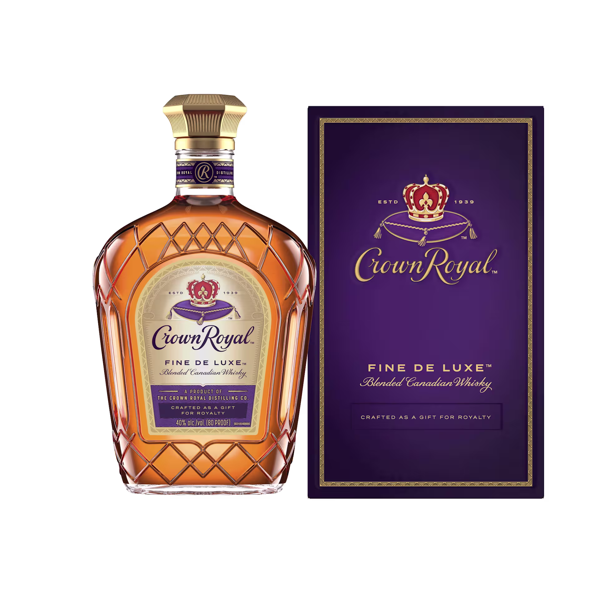 A bottle of Crown Royal Fine De Luxe Blended Canadian Whisky is shown next to its purple and gold box packaging.