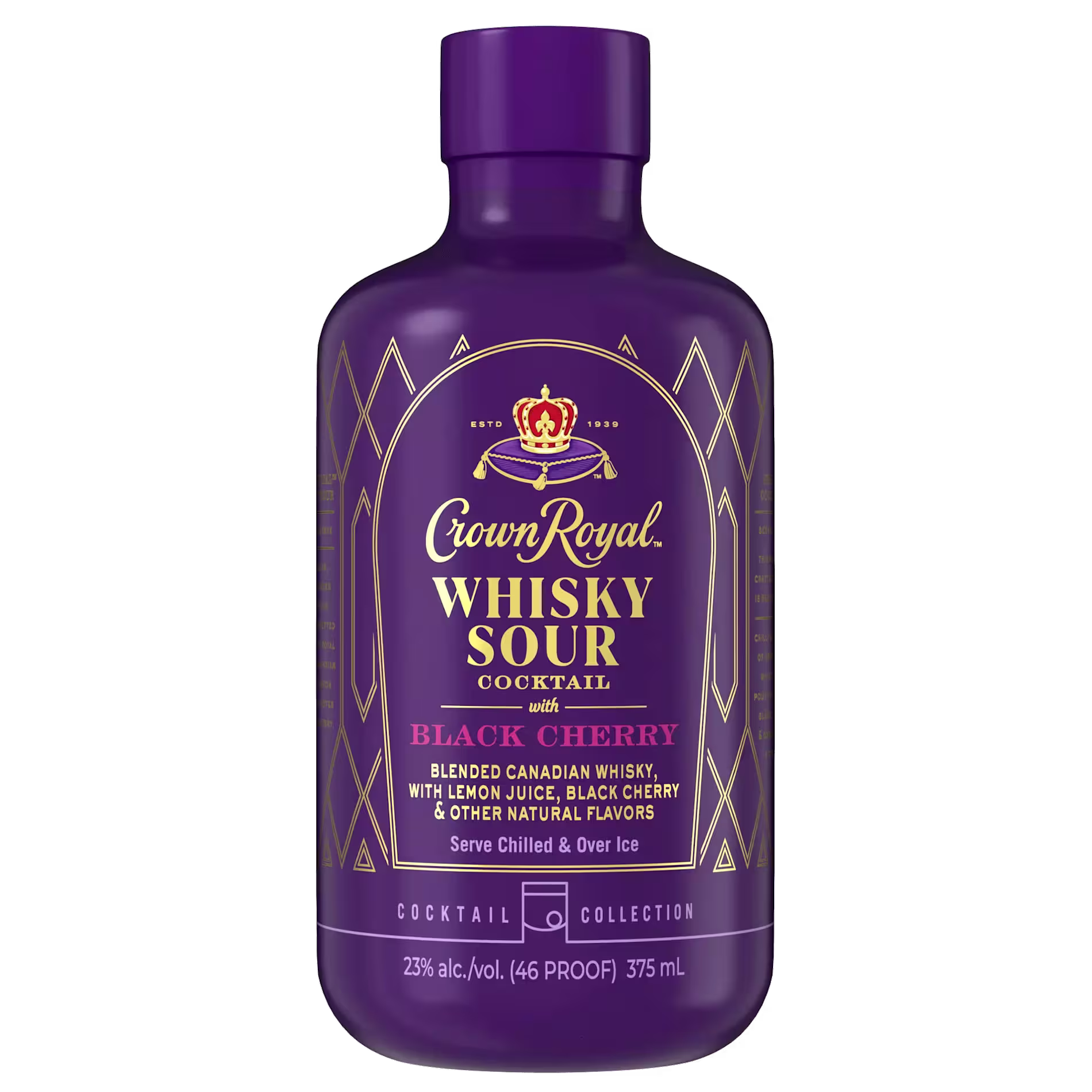 A purple bottle of Crown Royal Whisky Sour Cocktail with Black Cherry, featuring gold and white text and design, 375 ml, 23% alcohol by volume.