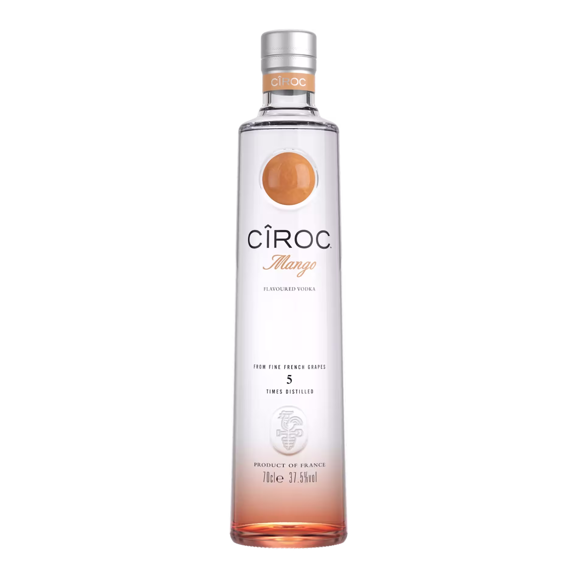 A tall, clear bottle of Ciroc Mango flavored vodka with a silver cap and orange accents, displaying brand and flavor information on the label.