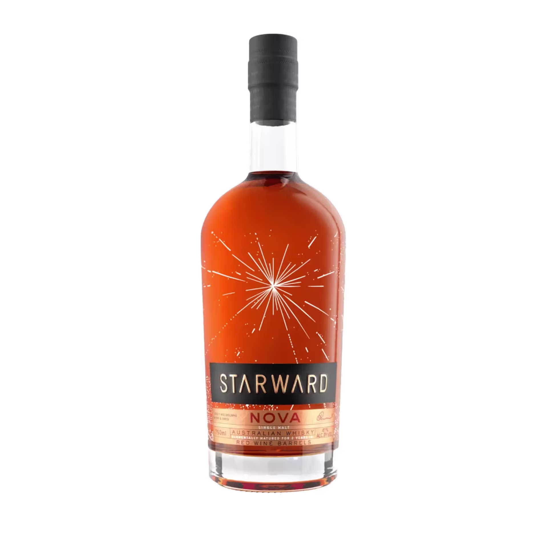 A bottle of Starward Nova whisky with a red label featuring a starburst design, set against a plain black background.