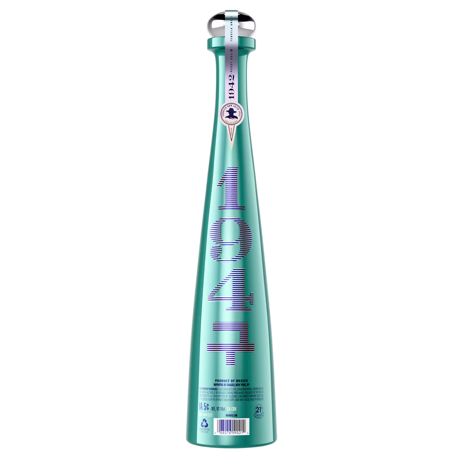A turquoise, bat-shaped bottle labeled 1942 with a silver cap and a ribbon, set against a plain white background.