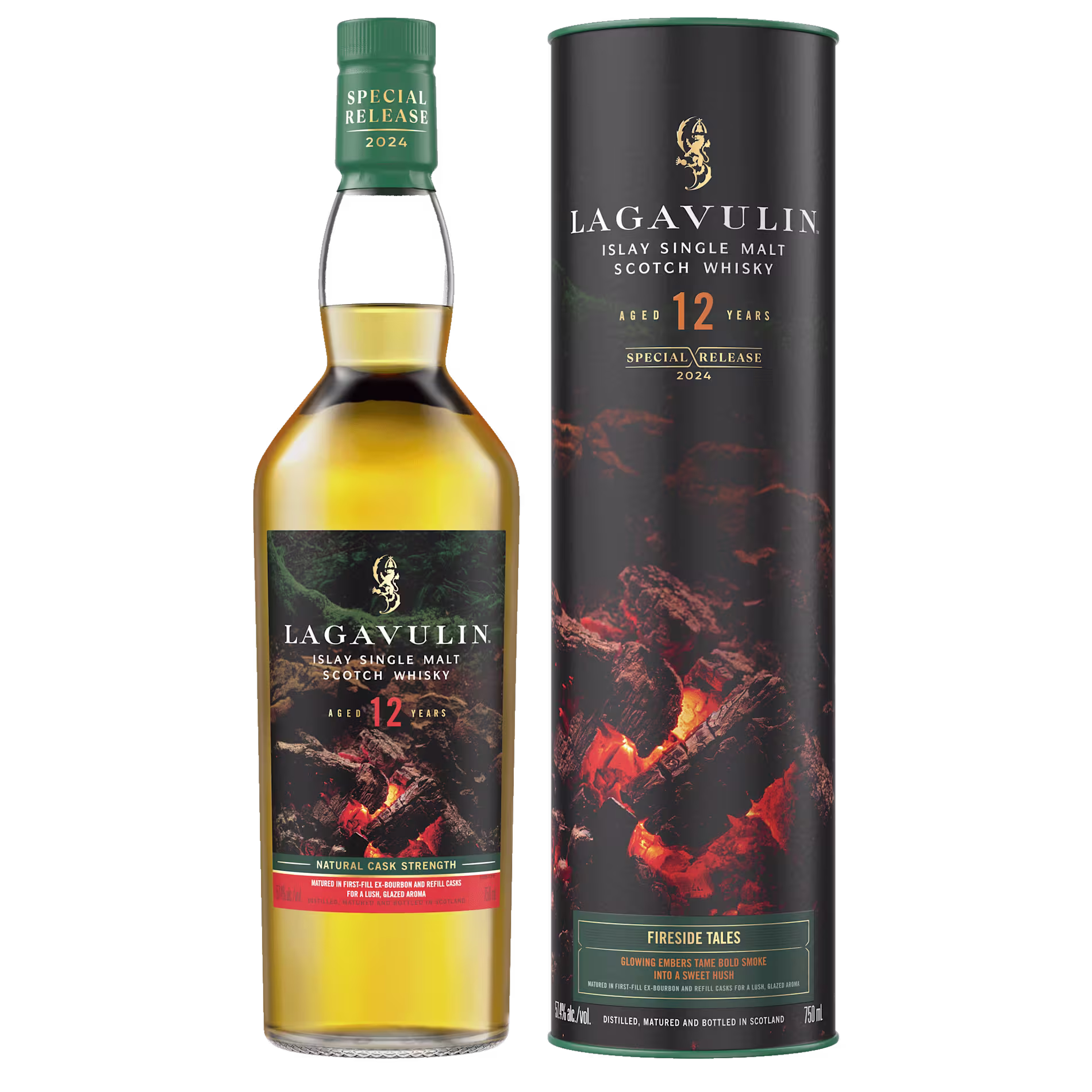 A bottle of Lagavulin 12 Year Old Special Release 2024 single malt Scotch whisky stands beside its matching cylindrical box with fireside tales design.