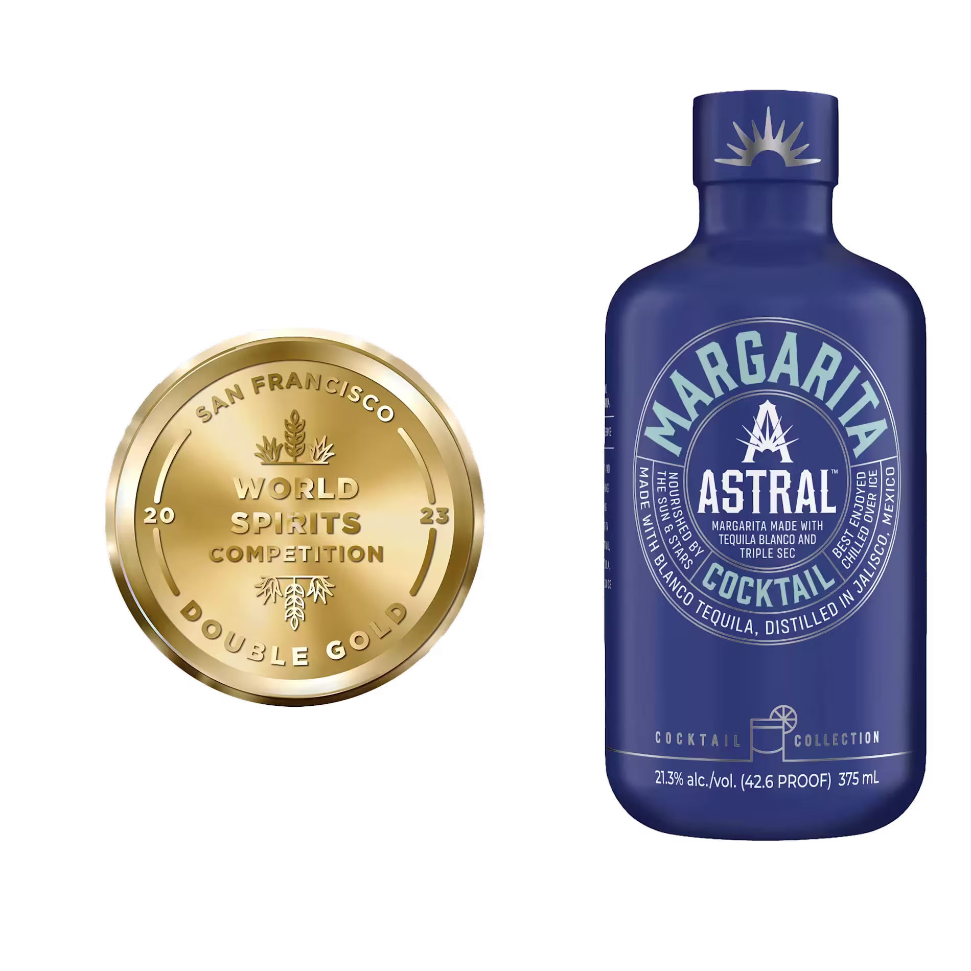 A gold medal from the 2023 San Francisco World Spirits Competition next to a blue bottle of Astral Margarita cocktail.