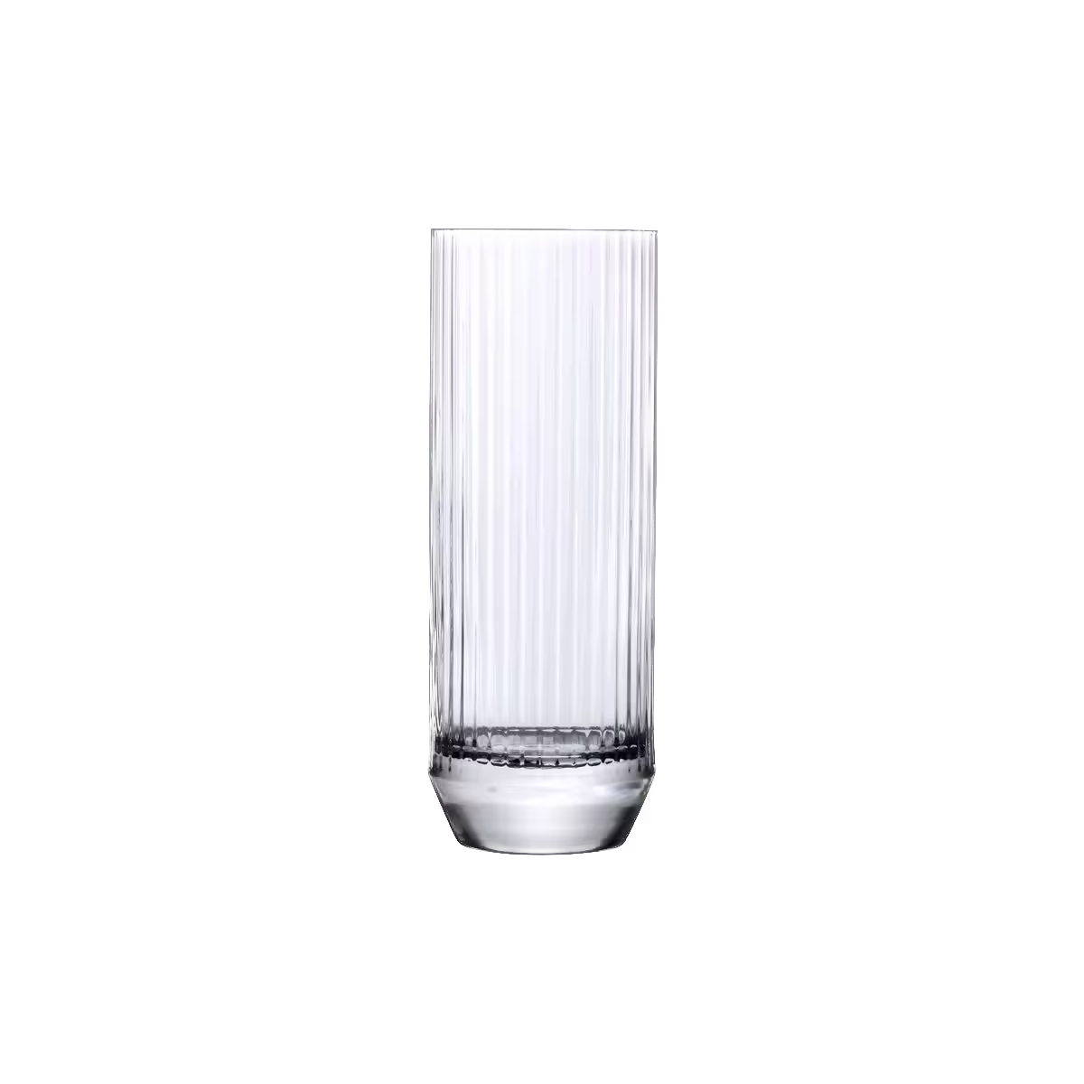 A tall, clear glass tumbler with vertical ribbed lines stands against a plain black background.