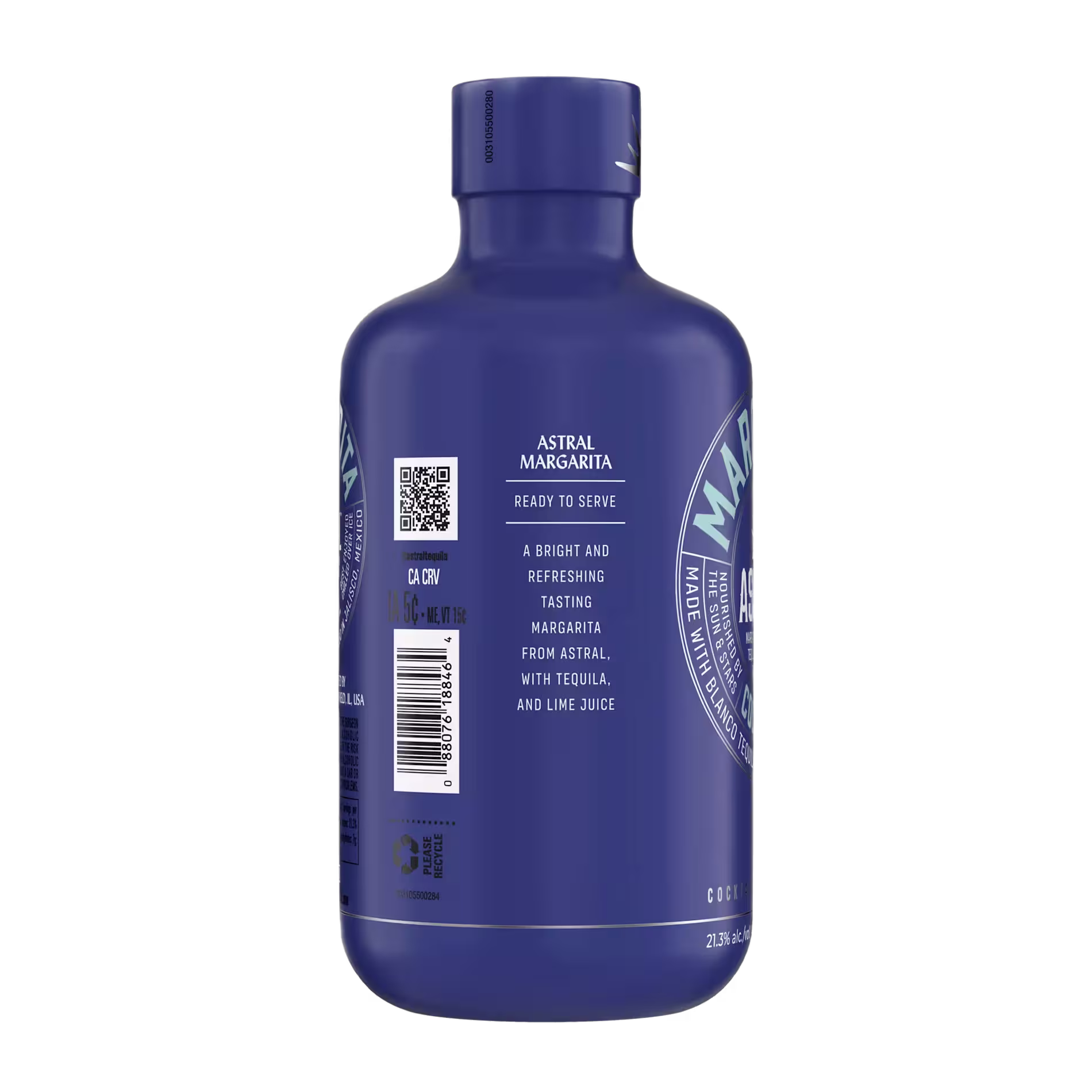 A blue bottle labeled Astral Margarita Ready to Serve with product details, barcode, and QR code visible on the back.