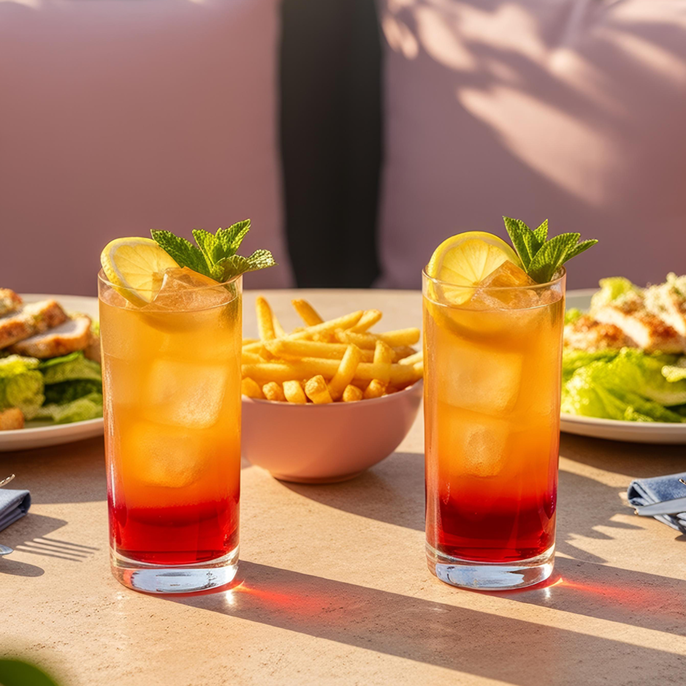 Two Arnold Palmer cocktails on a table laid with food.