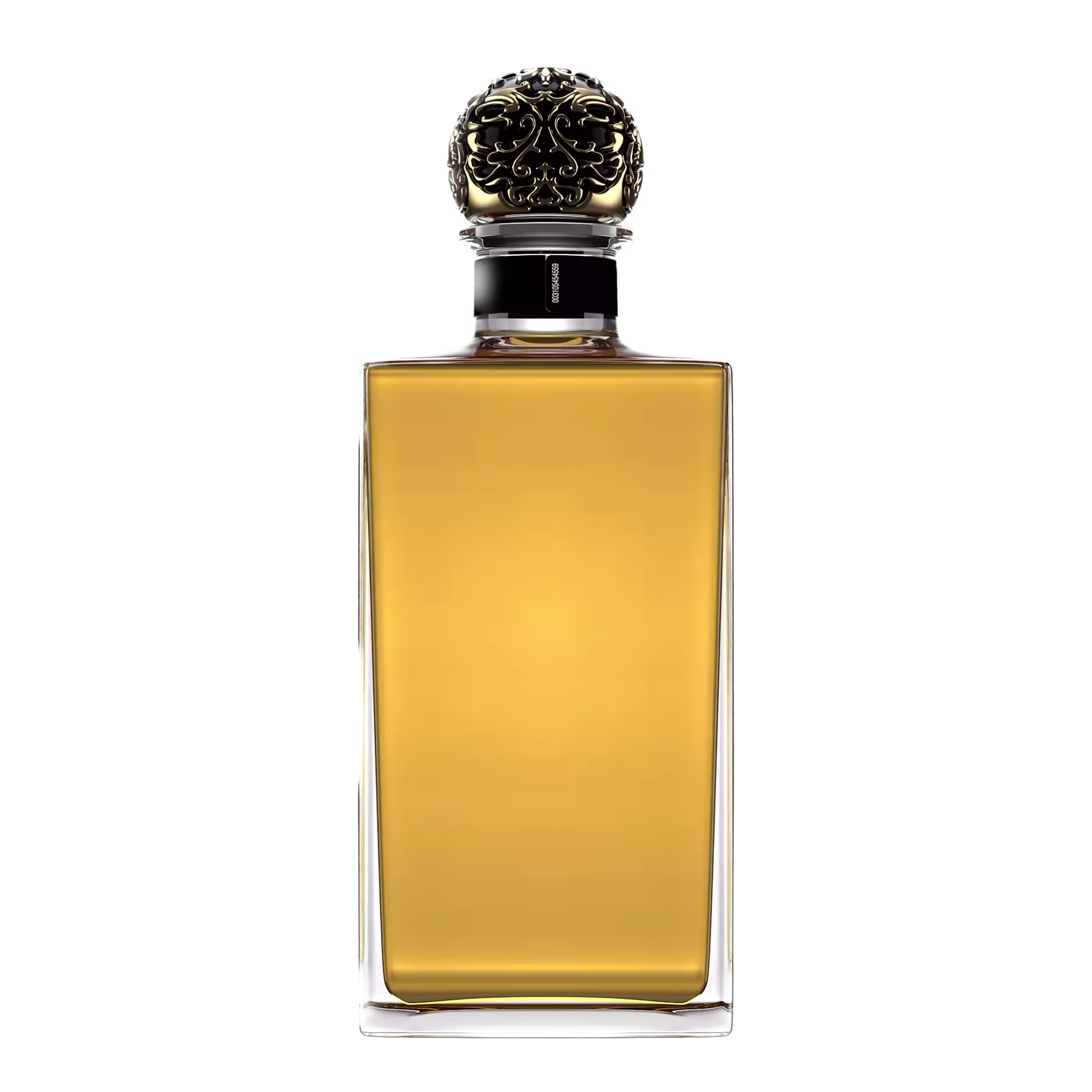 A rectangular glass perfume bottle filled with amber liquid, topped with an ornate black and gold round cap, against a black background.