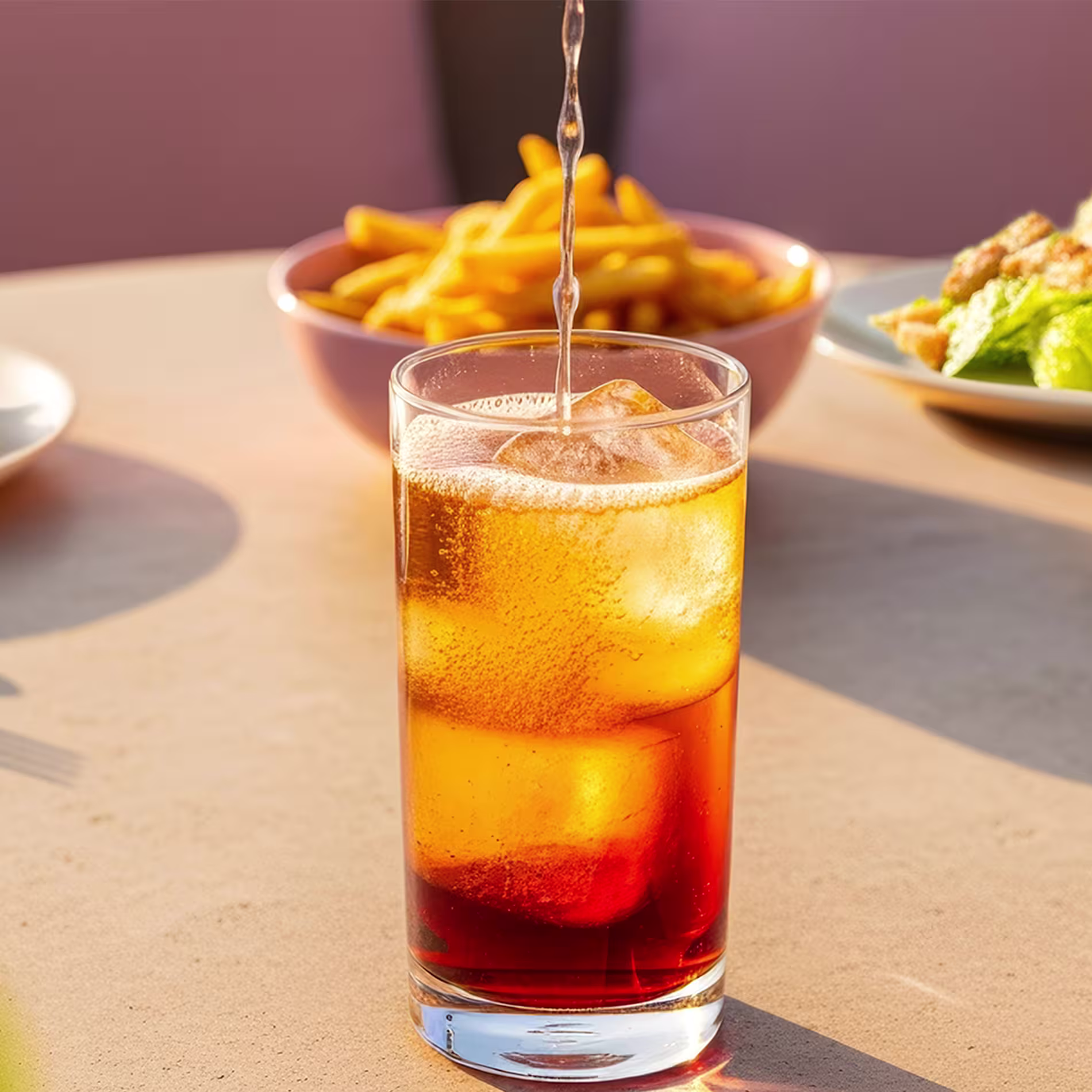 Lemonade is poured into a highball glass containing a brown coloured cocktail
