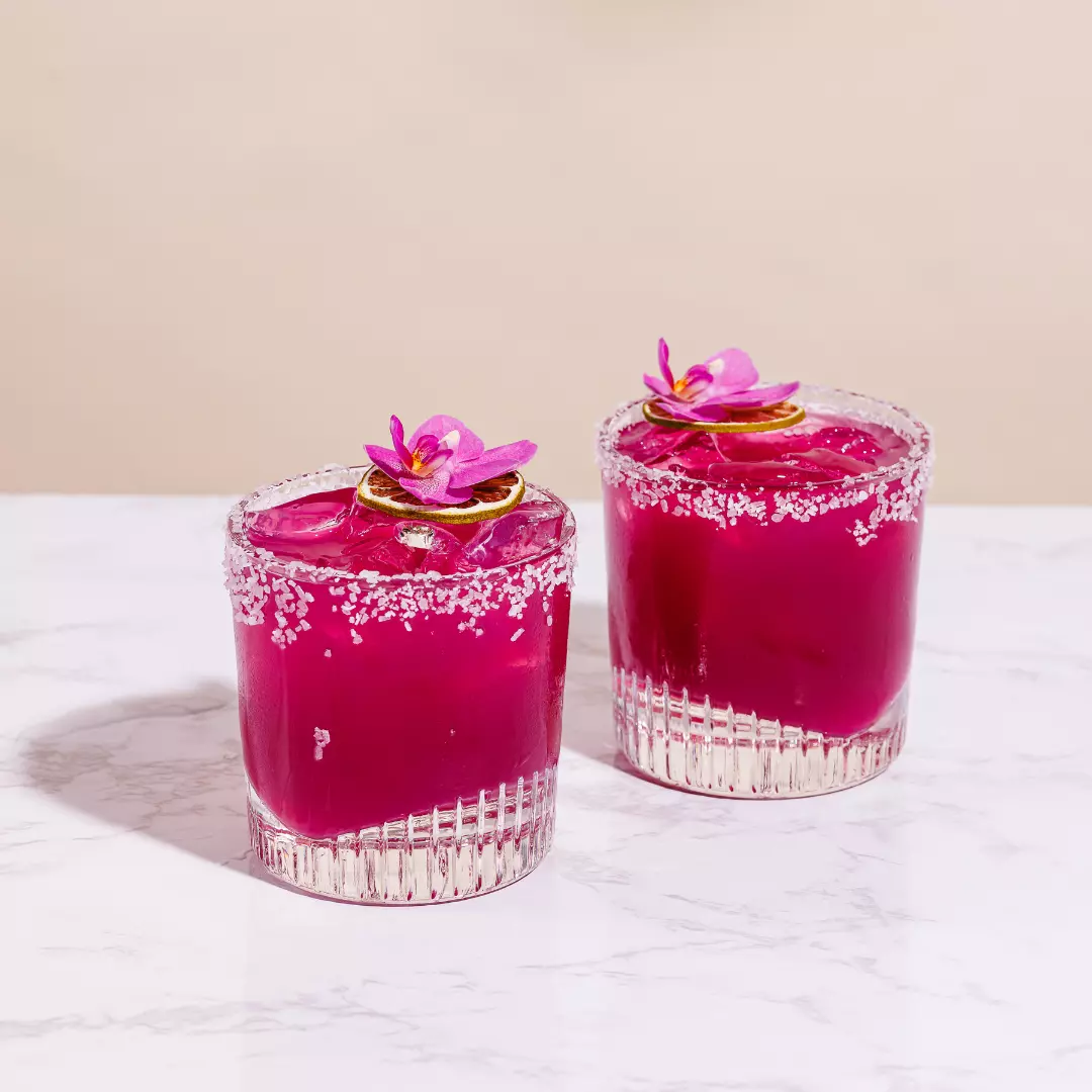 Two glasses of bright pink cocktails with salt rims, garnished with dried citrus slices and pink flowers, on a white marble surface.