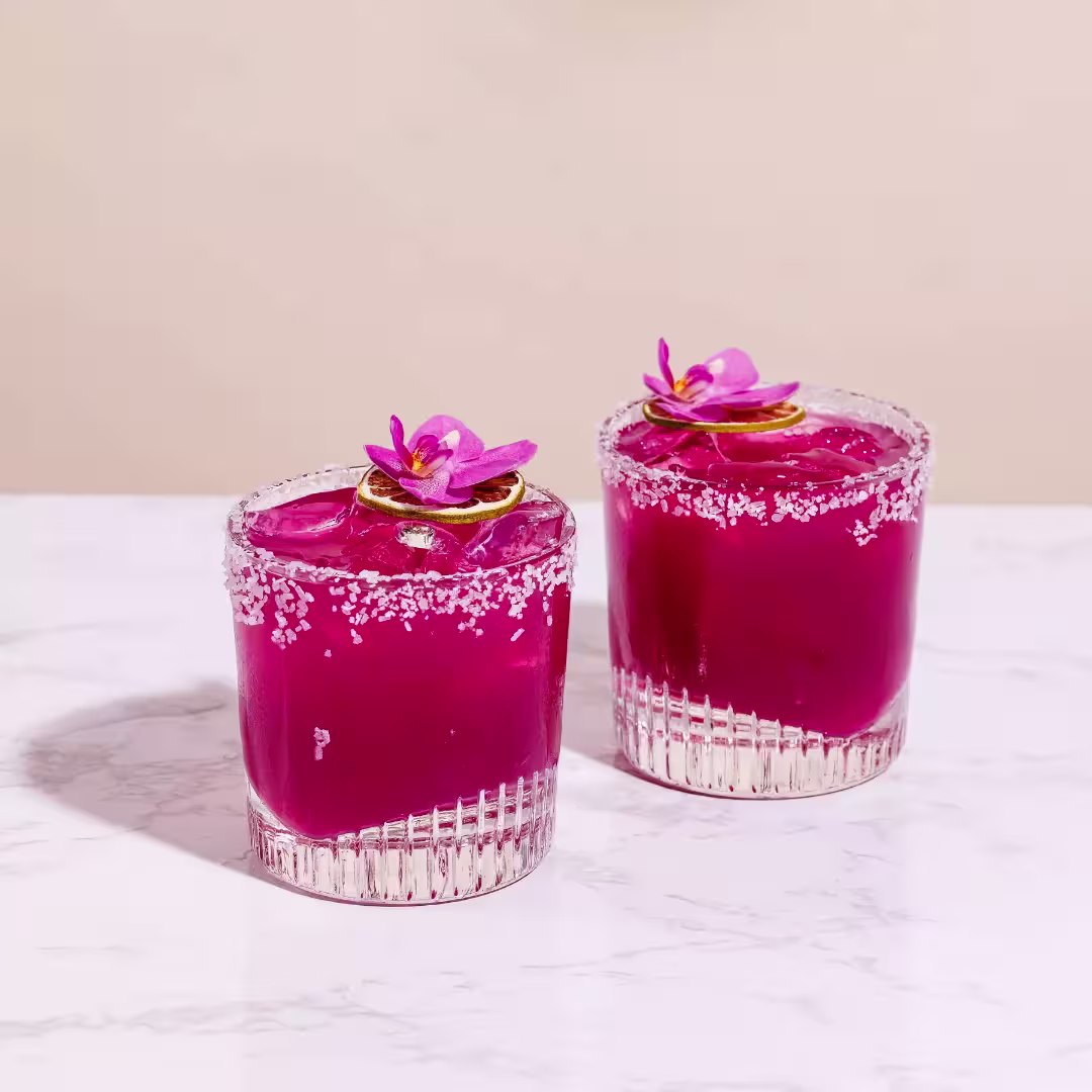 Two glasses of bright pink cocktails with salt rims, garnished with dried citrus slices and pink flowers, on a white marble surface.