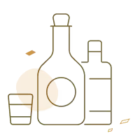 Outlined icons of a glass, two bottles, and a small wheat stalk, with an orange circle in the background.