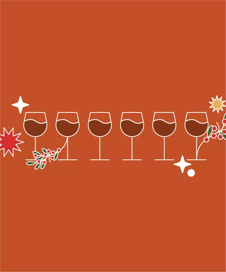 Six outlined wine glasses in a row on an orange background, decorated with festive stars and holly illustrations.