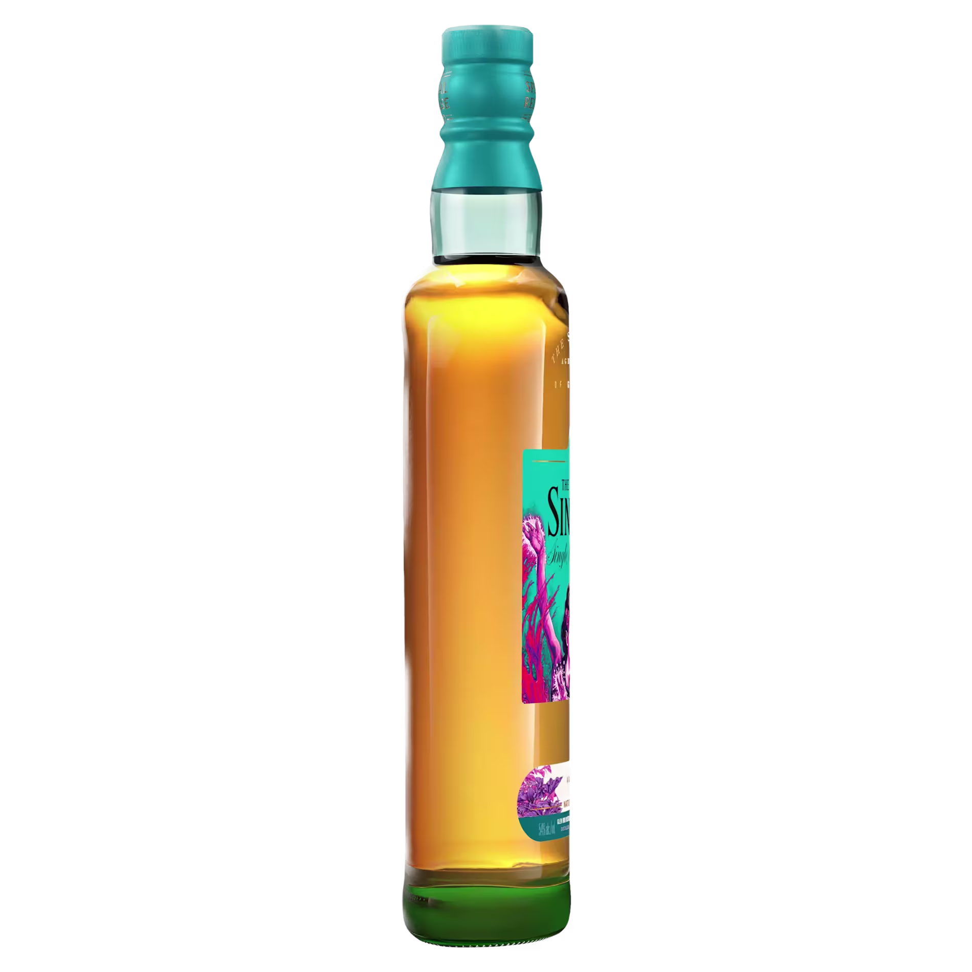 A clear glass bottle filled with golden liquid, sealed with a teal cap, and featuring a colorful label on the front.