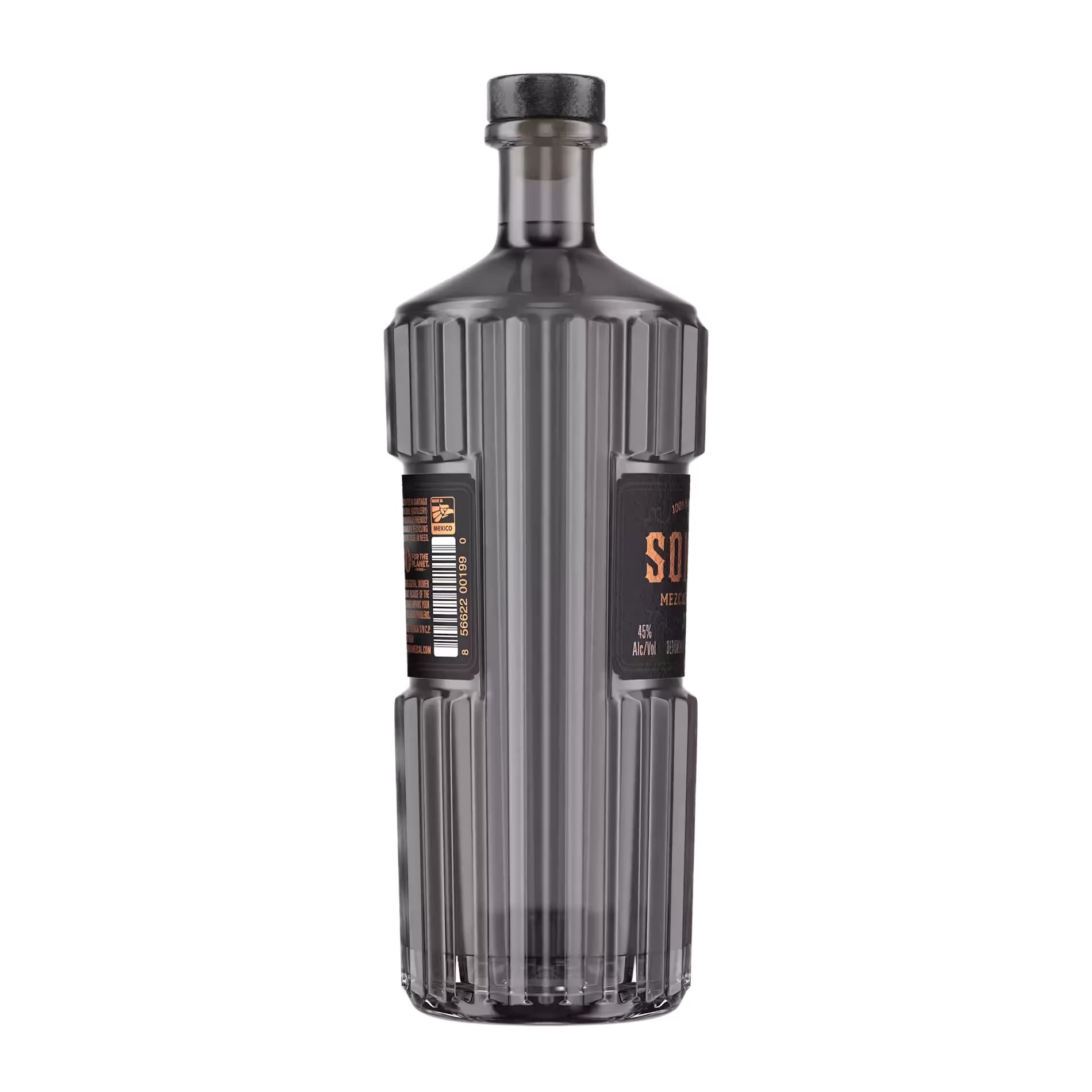 A clear, ribbed glass liquor bottle with a black cap and a black label featuring orange text, viewed against a plain background.