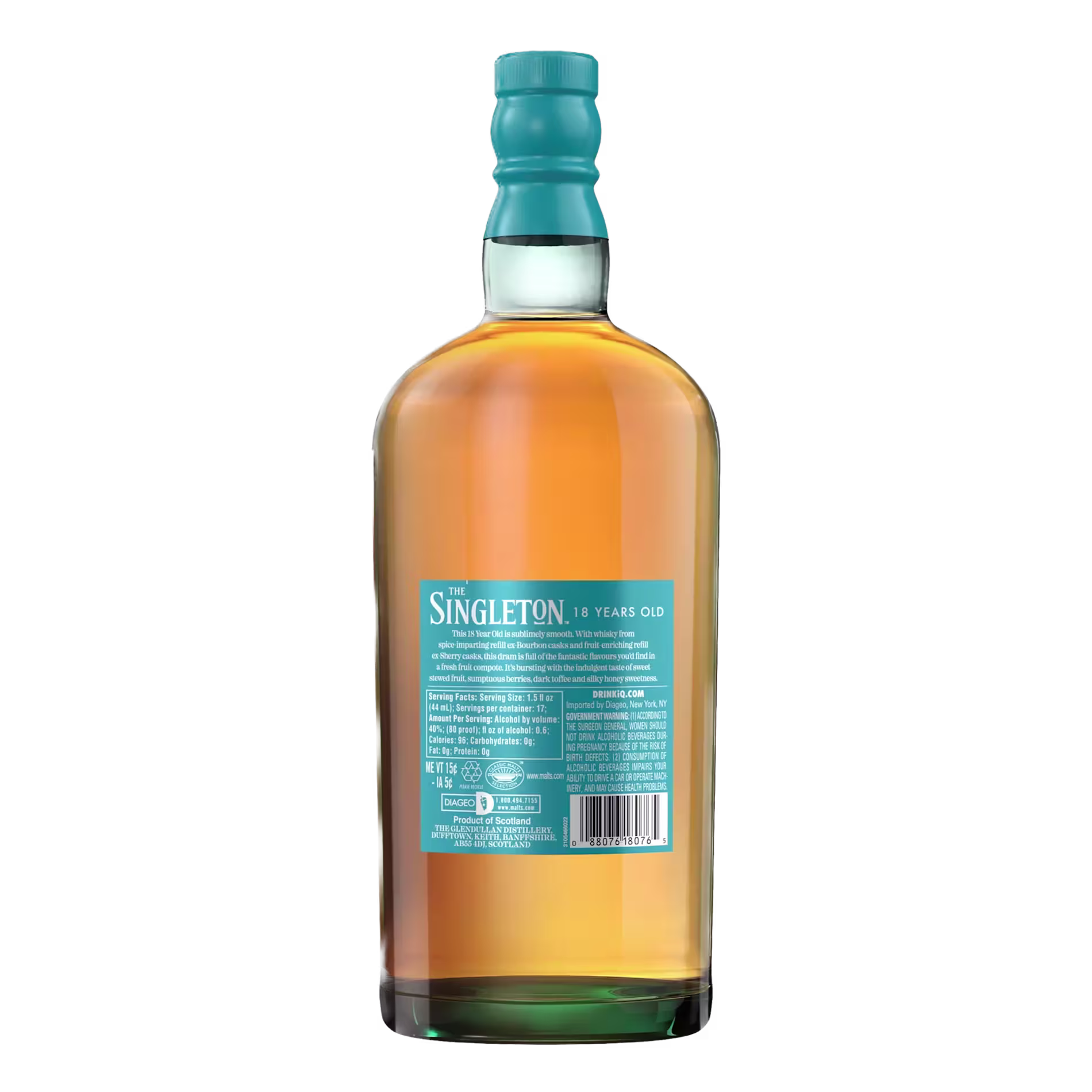 A bottle of The Singleton 18 Year Old whisky shown from the back, displaying the turquoise label with product details and barcode.