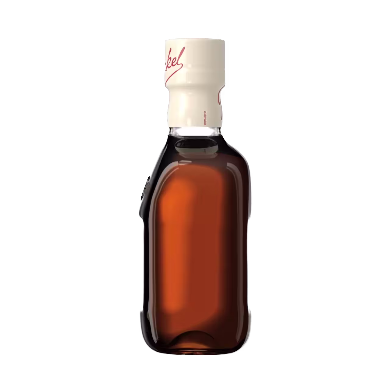 A brown glass bottle with a white cap and red writing, photographed against a black background.
