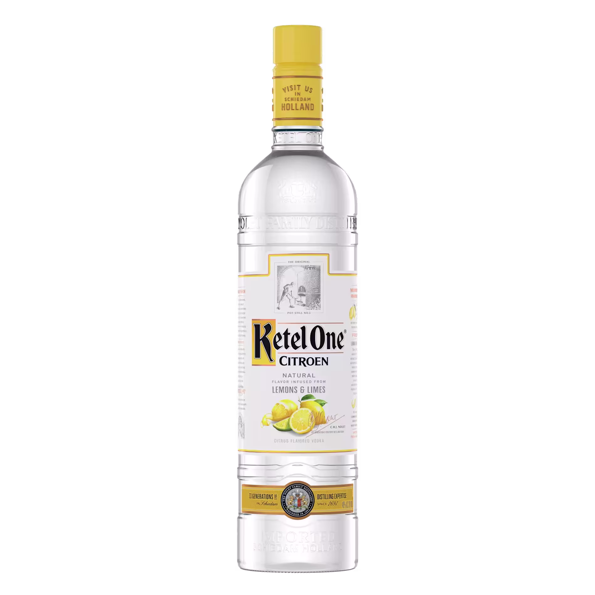 A clear bottle of Ketel One Citroen vodka with yellow accents, featuring images of lemons and limes on the label.