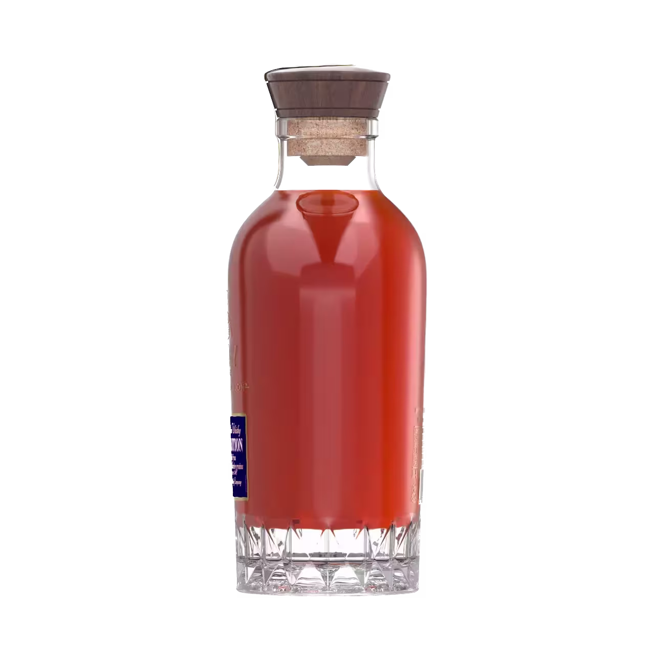 A glass decanter filled with an orange-red liquid, sealed with a cork and a wooden stopper, on a black background.